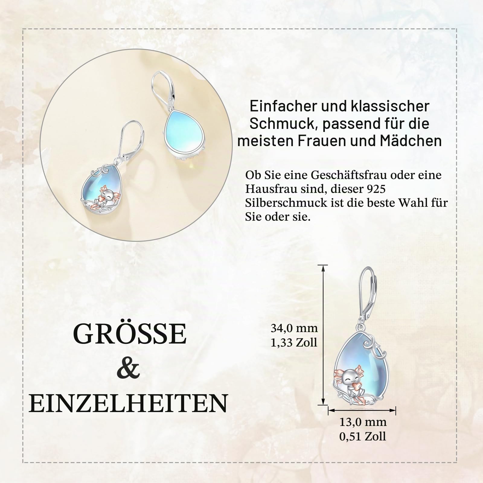 Katze/Kolibri/Fuchs/Axolotl Ohrringe für Damen 925 Sterling Silber Mondstein Baumeln Ohrringe Tier Tropfen Ohrring Schmuck Geschenke für Mädchen