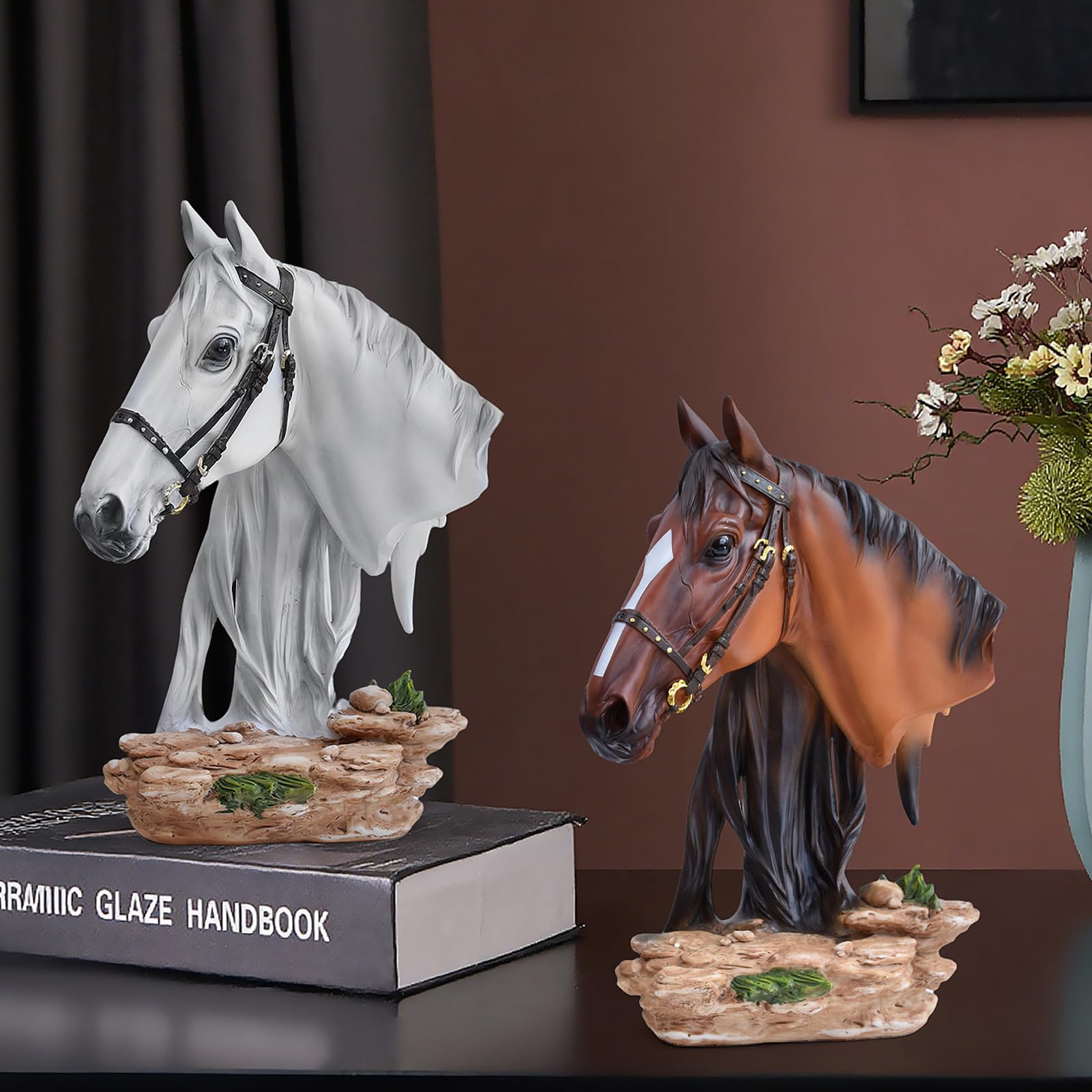 Escultura Decorativa de Cabeza de Caballo - Estatua de Animal de Resina para Decoración del Hogar, Coleccionable para Dormitorio, Sala de Estar, Escritorio, Estantería, Oficina,Marrón