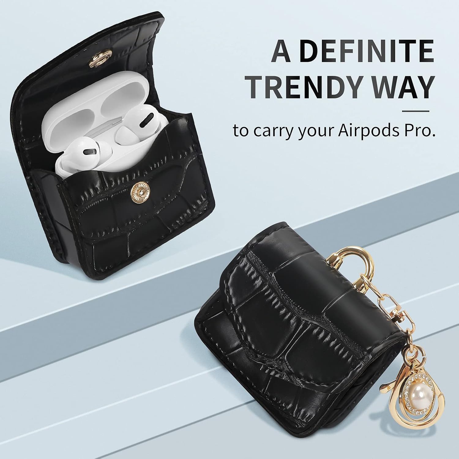 FYY Case Designed for Airpods Pro PU Leather Case Cover with Pearl Crystal Rhinestone Ornaments and Metal Buckles for Apple Airpods Pro - Black