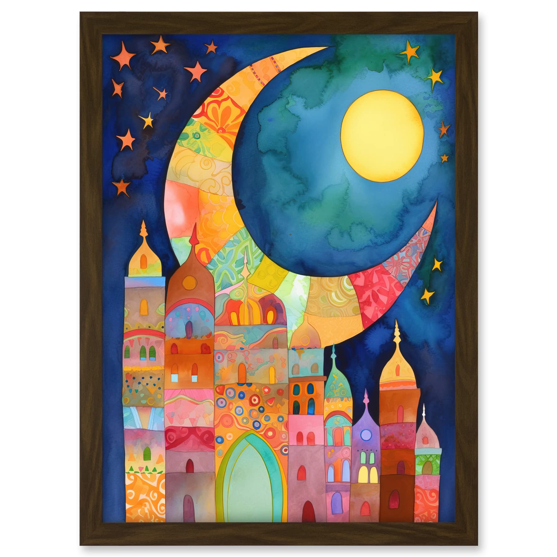 Artery8 Eid Crescent Moon Cityscape Folk Art Watercolour Painting Artwork Framed A3 Wall Art Print