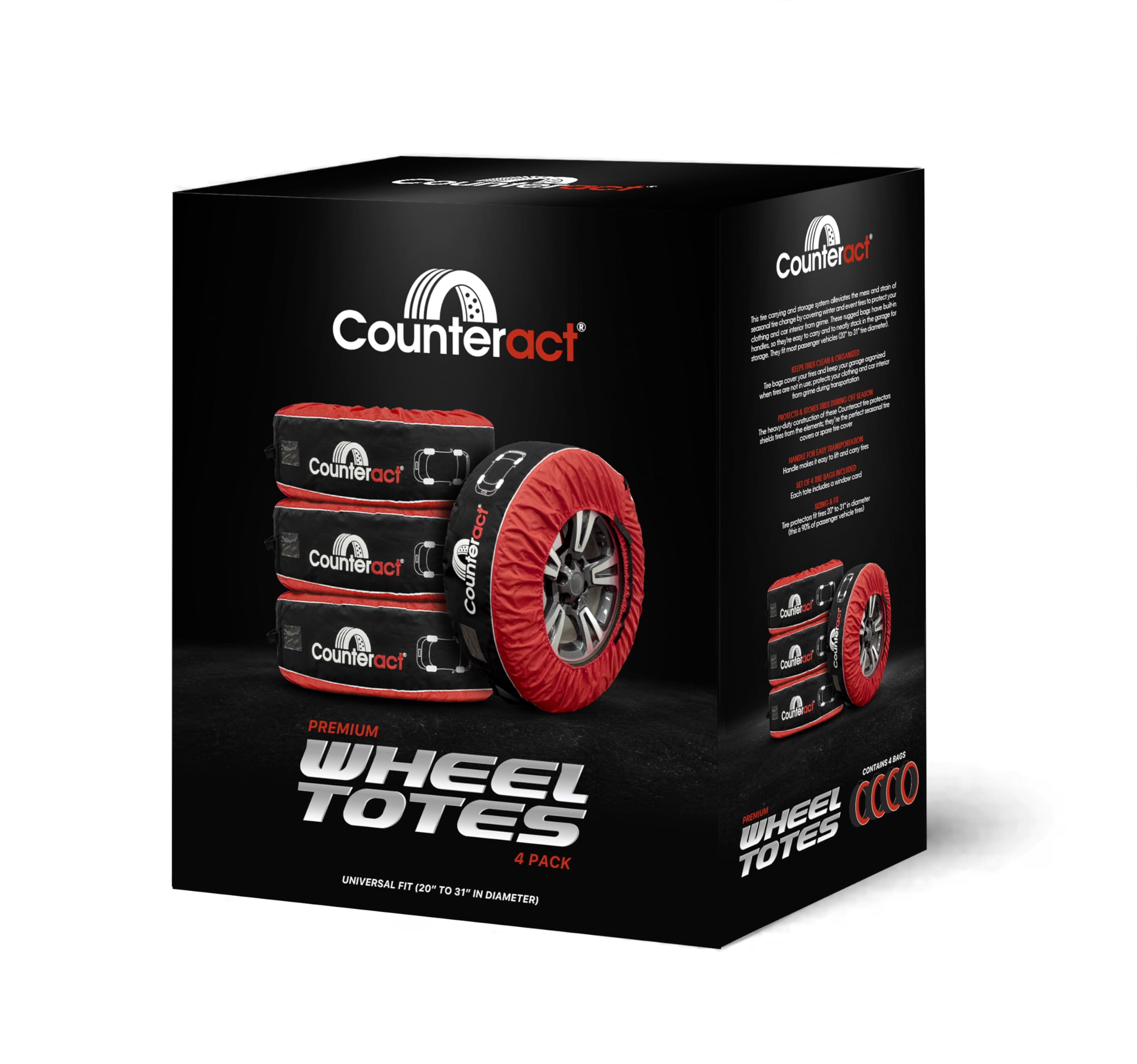 Counteract Wheel Totes CBB-WT - 4 Pack - Black Oxford Fabric 600D & Red Oxford Fabric - Size L (20-31") - Handlebar - Window Card - Tire Identifying