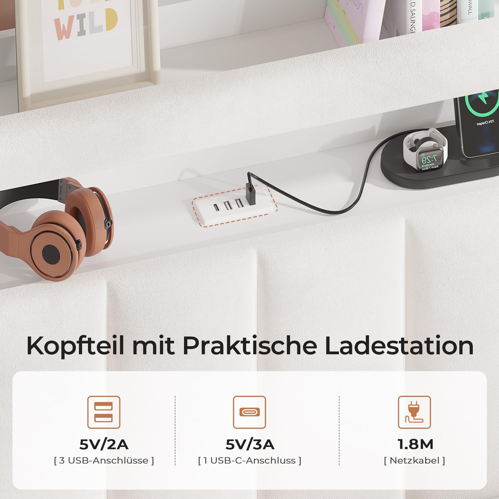 AOGLLATI Polsterbett 140x200 cm mit Stauraum - 4 Schubladen Jugendbett mit LED-Beleuchtung & Ladestation,Doppelbett mit Kopfteil aus Samt Bett 140x200 mit Lattenrost-ohne Matratze,Beige Samt