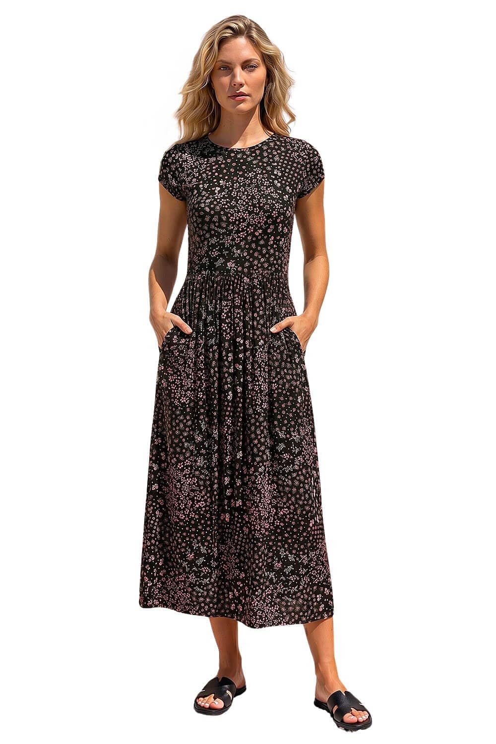 Roman Midi Dress with Pockets for Women UK Ladies Stretchy Jersey Maxi Long Short Sleeve Elasticated Gathered High Waist Boho Flattering Skater Swing Fit Flare - Black Pink - Size 12