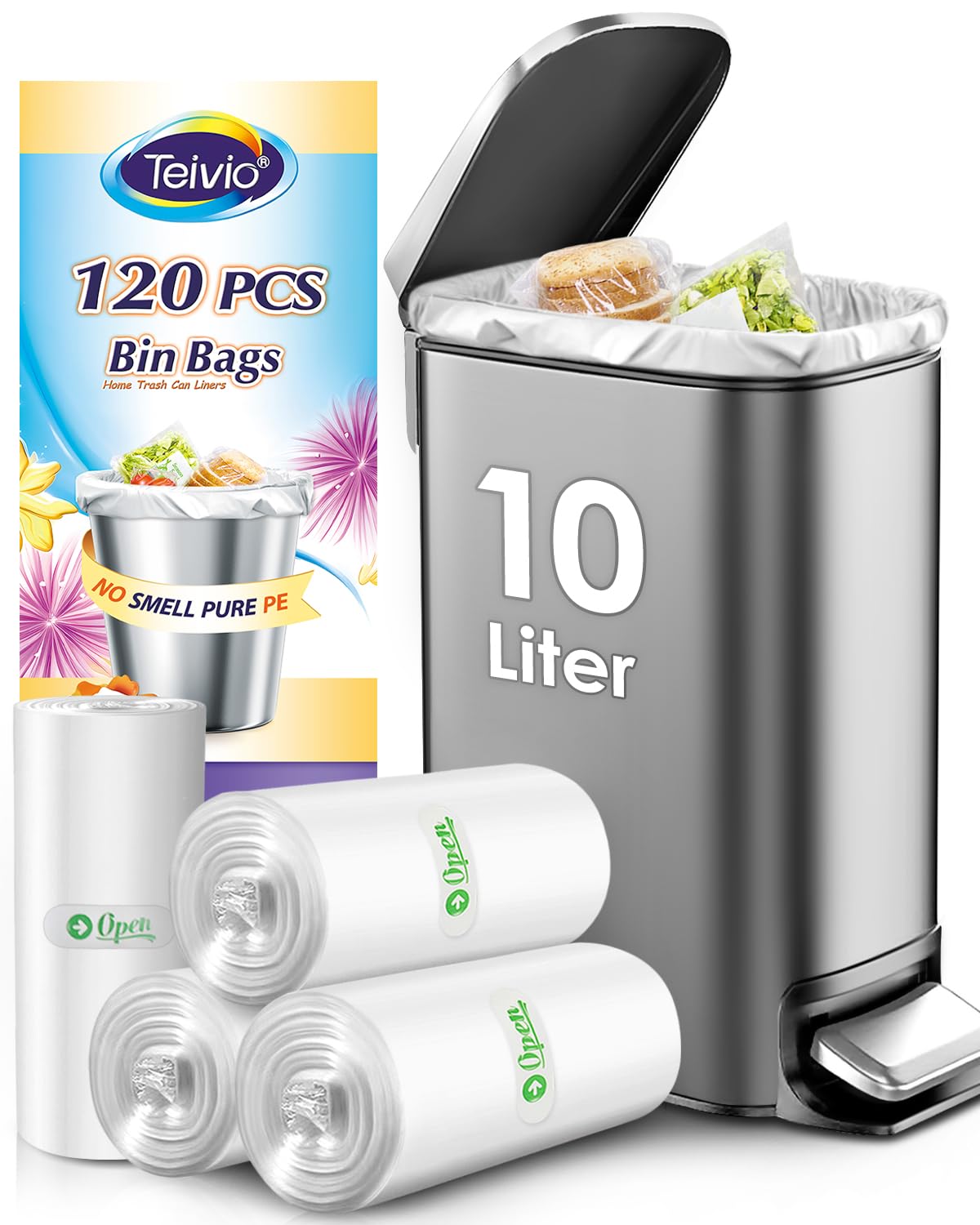 10 Liter Small Bin Bags 120 Counts Pedal Bin Liners Thick Plastic Waste Bags for Bathroom, Kitchen, Office, Fit 7.5-10L Rubbish Bin, Clear