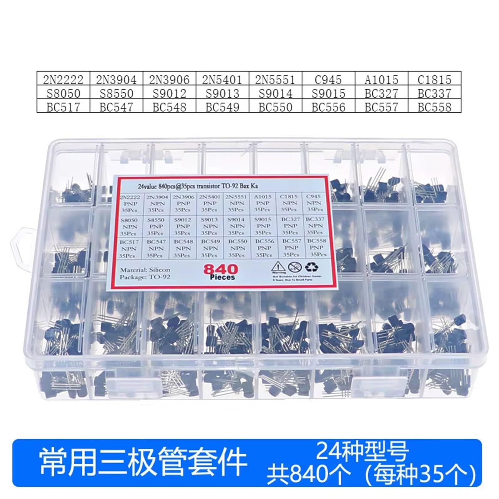 840 Unids/caja 24 Valores TO-92 Kit Surtido De Transistores BC327 BC337 BC547 S8050 S9014 2N2222 3904 3906 C945 PNP/NPN Paquete De Transistores