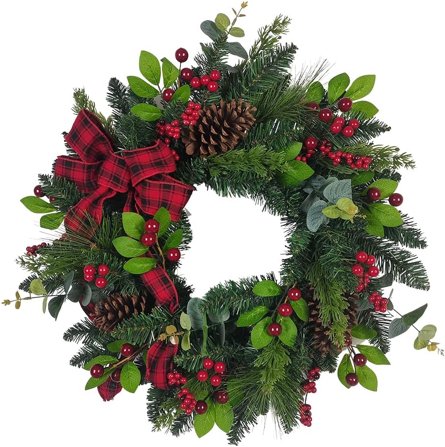Kurt S. Adler Berries and Pinecone Ribbon Wreath, 24-Inch, Multicolored