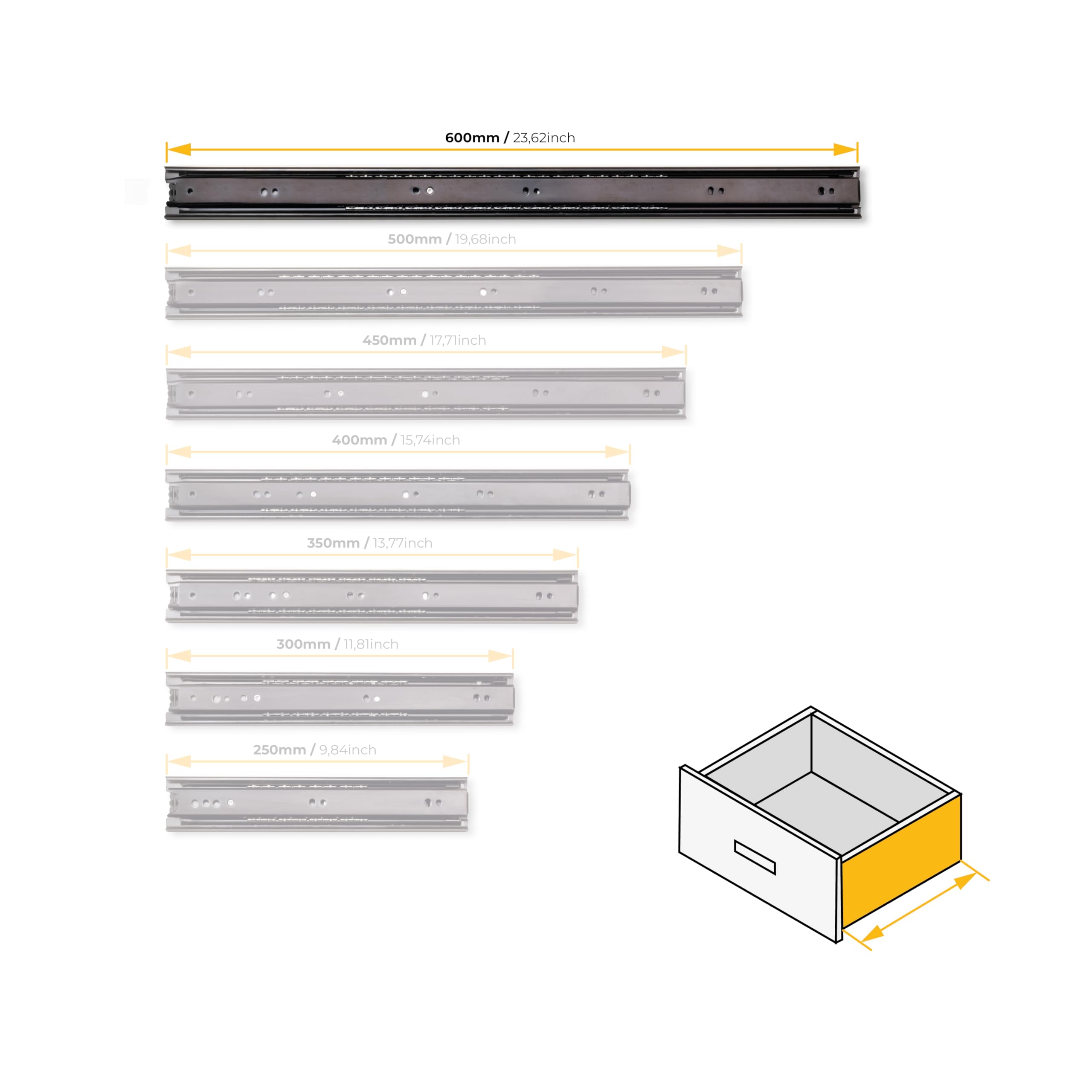 Emuca - Juego de guías correderas a bolas de extracción total 45mm x 600mm para cajón, negro, Lote de 5