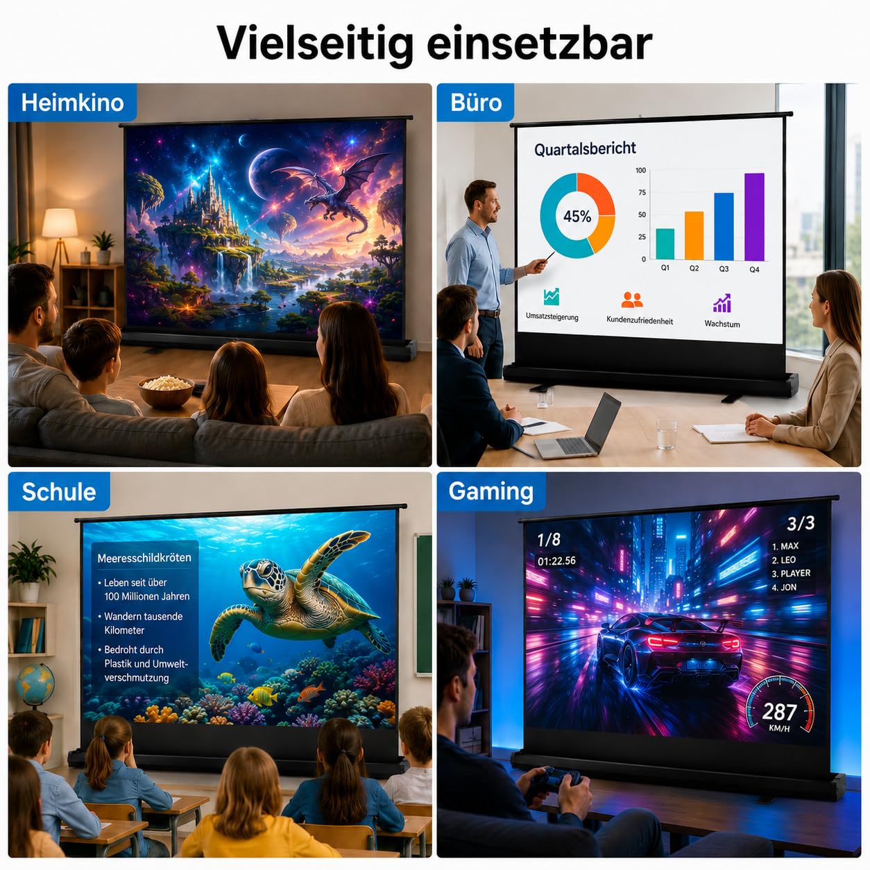 Tragbare Non-Tension ALR Leinwand Beamer 100 Zoll Format 16:9,Hochziehbare Pull-Up Beamer Leinwand mit Ständer,Ideal für Heimkino, Innen-/Außenfilme