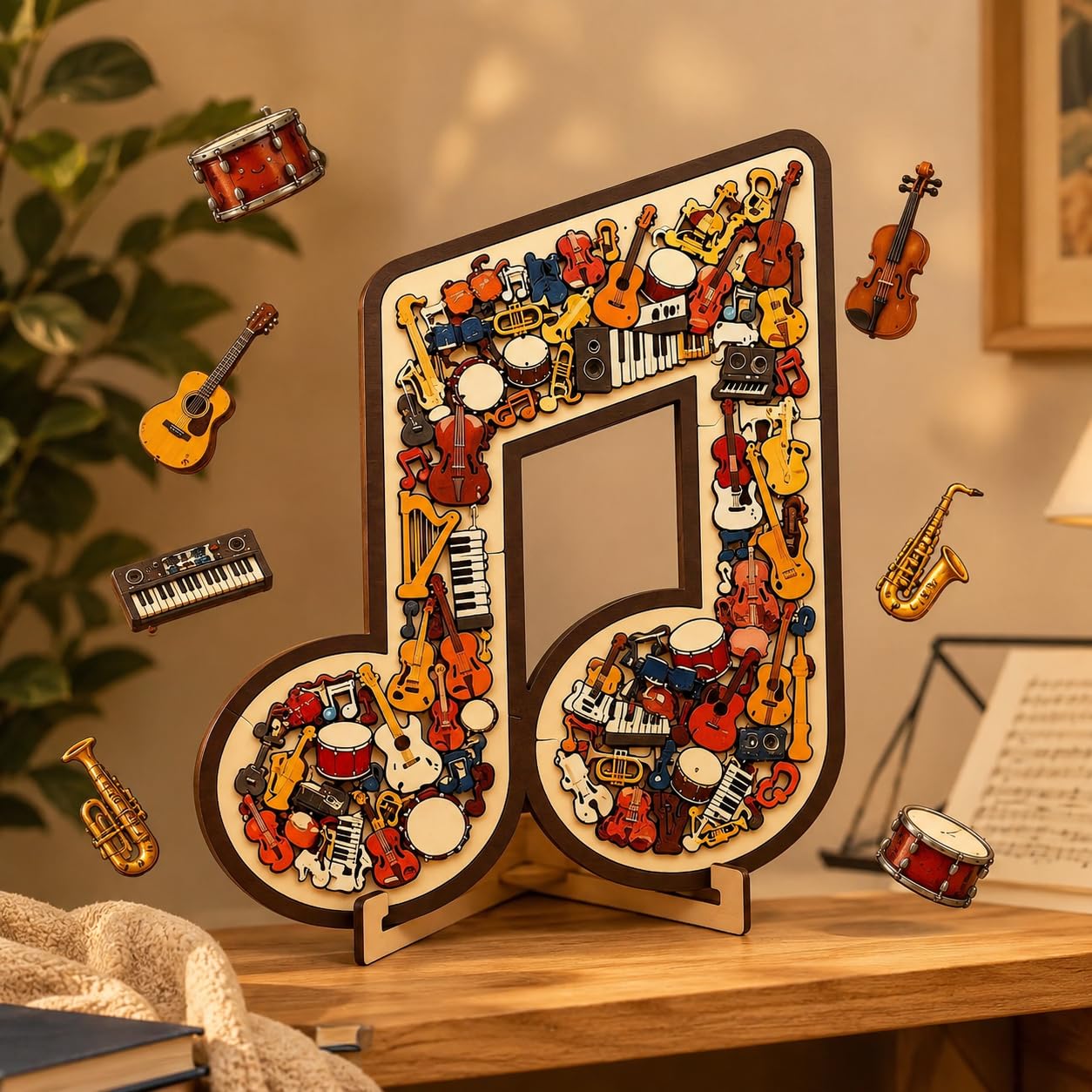 Musical Note Instrument Jigsaw Puzzle Ornament, 3D Wooden Music Note Puzzle, Stunning Display Art with Various Fragments Interior and Classic Musical NoteOuter, for Music Into Tangible Gift