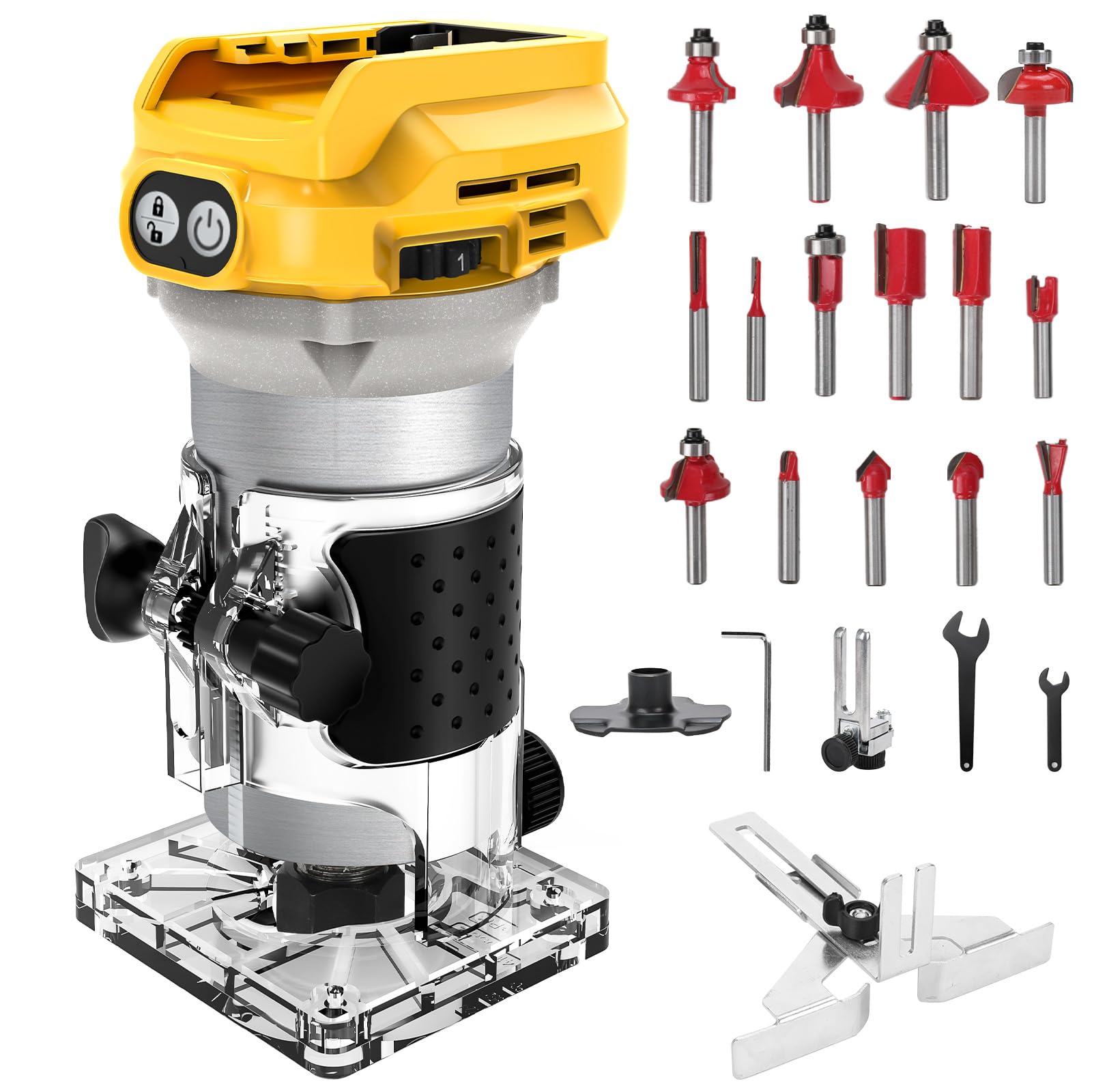 Router Tool Cordless Wood Palm Router Tool Compatible with Dewalt 20V Battery,21V 800W Brushless Handheld Palm Routers for Woodworking Hand Edge Trimmer with 15 PCS 1/4" Router Bits Set (No Battery)