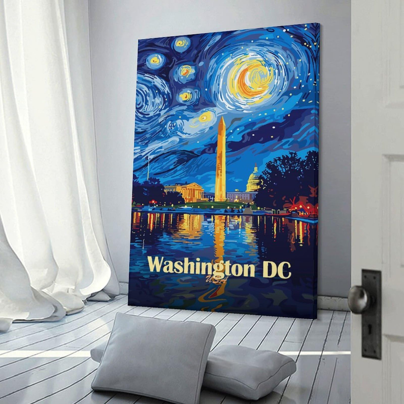 Junmoney Frame-Style-24 Washington Dc Starry Night Illustration Canvas Wall Art 24X36inch(60X90cm), For Wall Displays, Bedrooms Or Room Updates, Ideal For Building A Coordinated Art Wall