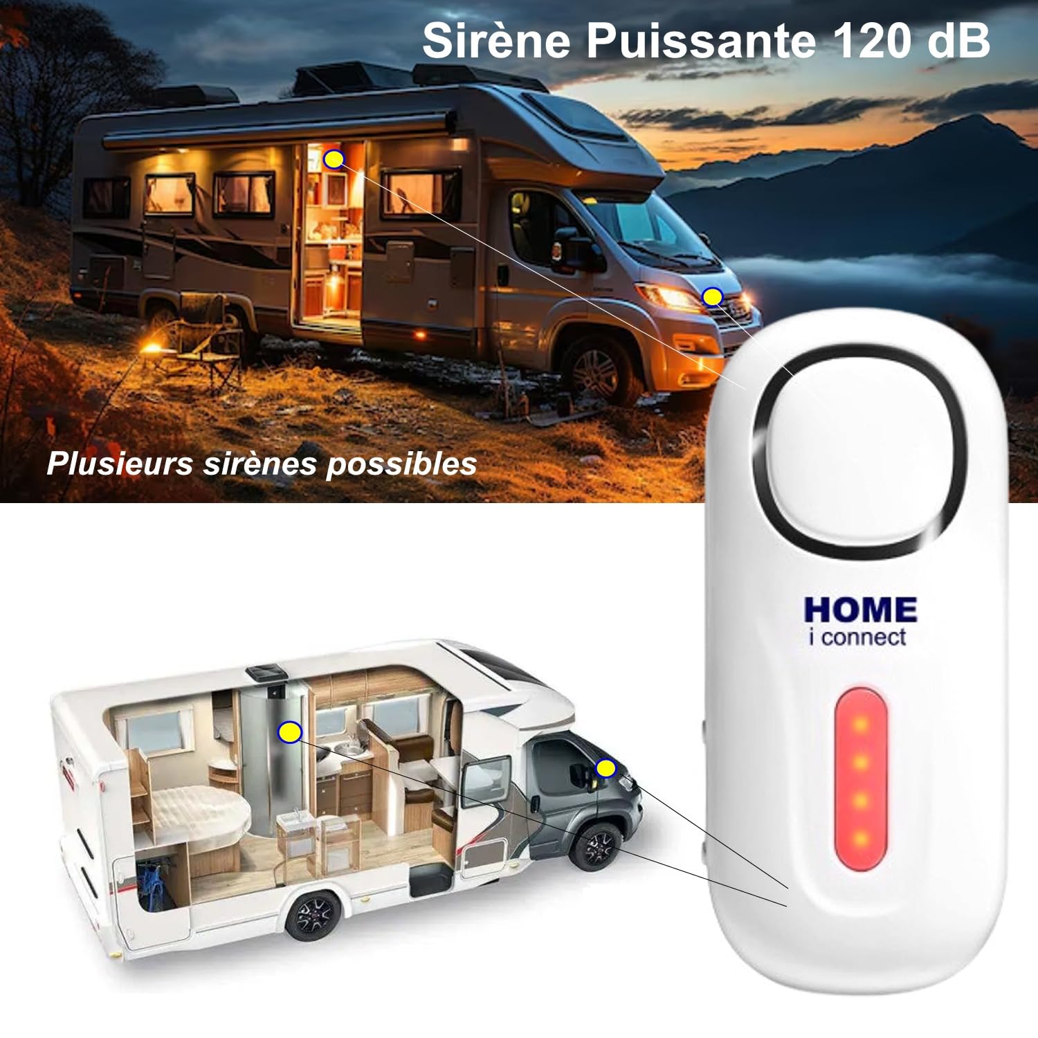 Nouveau - Alarme de Camping Car - 100% Autonome - Alimentation par Piles - Sirène Puissante avec 4 détecteurs d'ouverture et 1 Détecteur de Mouvement.
