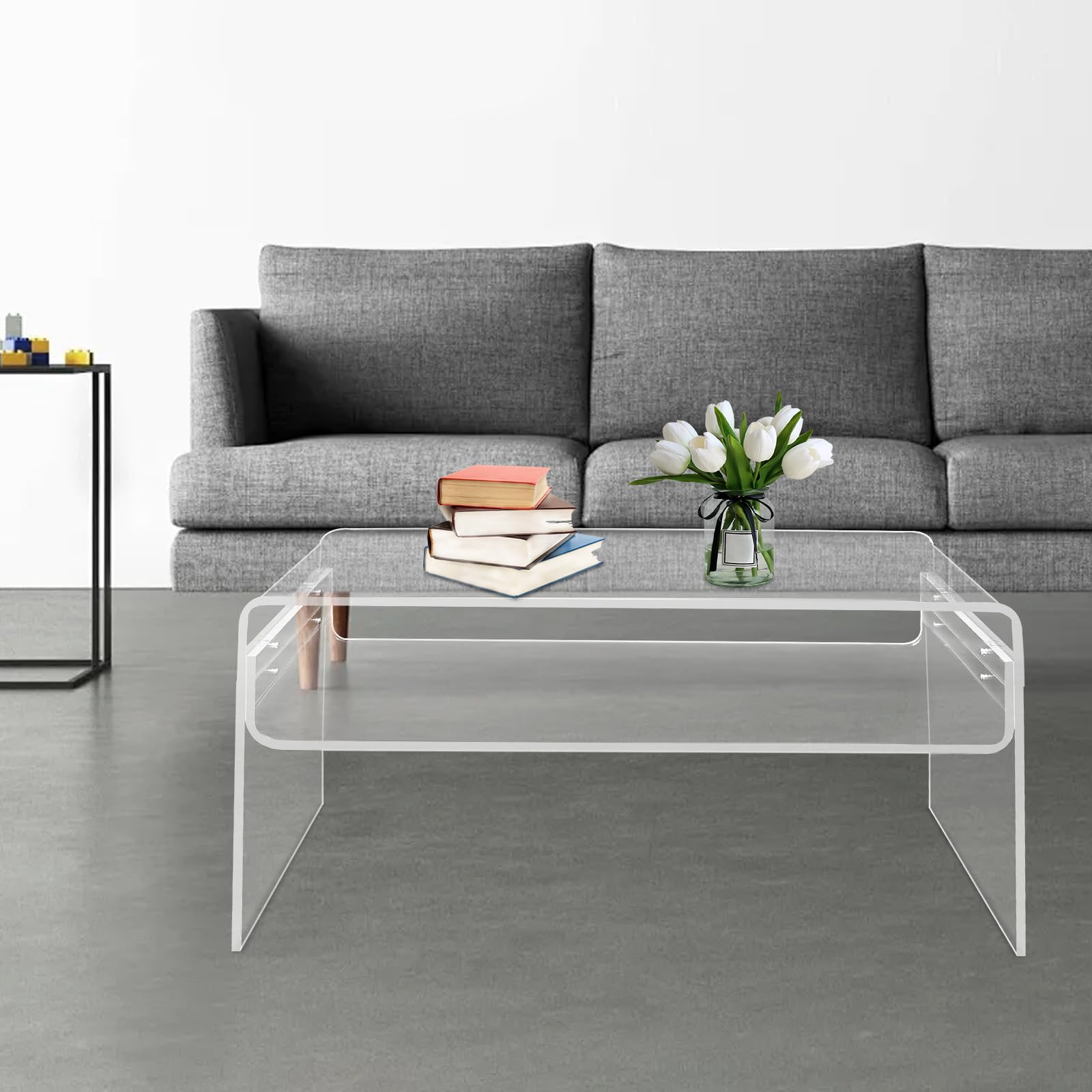 Acryl Beistelltisch Couchtisch Coffee Table Wohnzimmertisch, Moderner Transparenter Wohnzimmer Tisch Tragkraft 60 kg, für Kaffee, Bücher, Snacks und Tassen, 88 x 58 x 18 cm