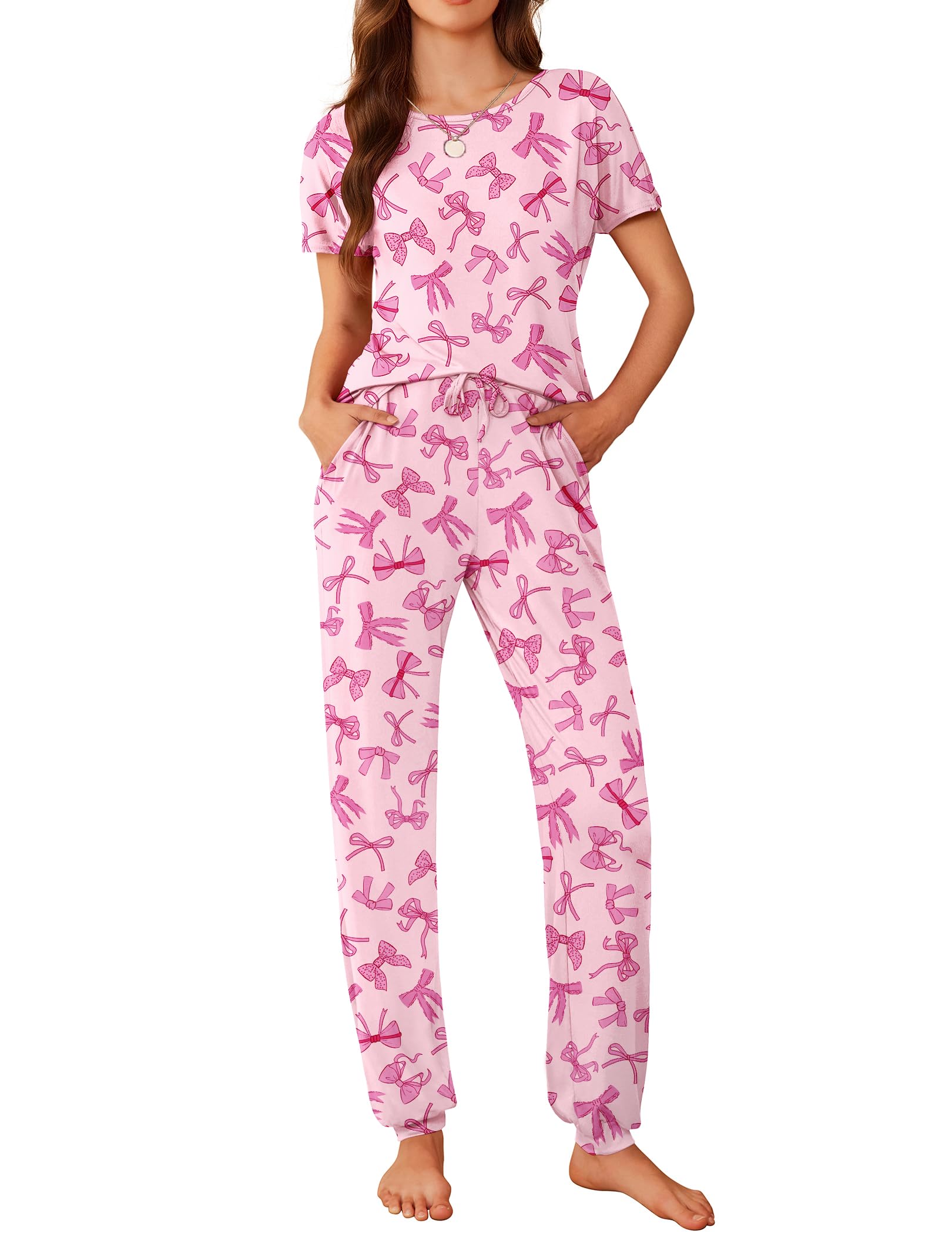 Ekouaer Pajamas for Womens Set Soft 2 Piece Loungewear with Jogger Pants | Comfy Pjs, Crew Short Sleeve Top, Casual Sleepwear with Side Pocket, Lounge Set for All-season, Daily Sleeping, Home Lounging Small Pink Bow