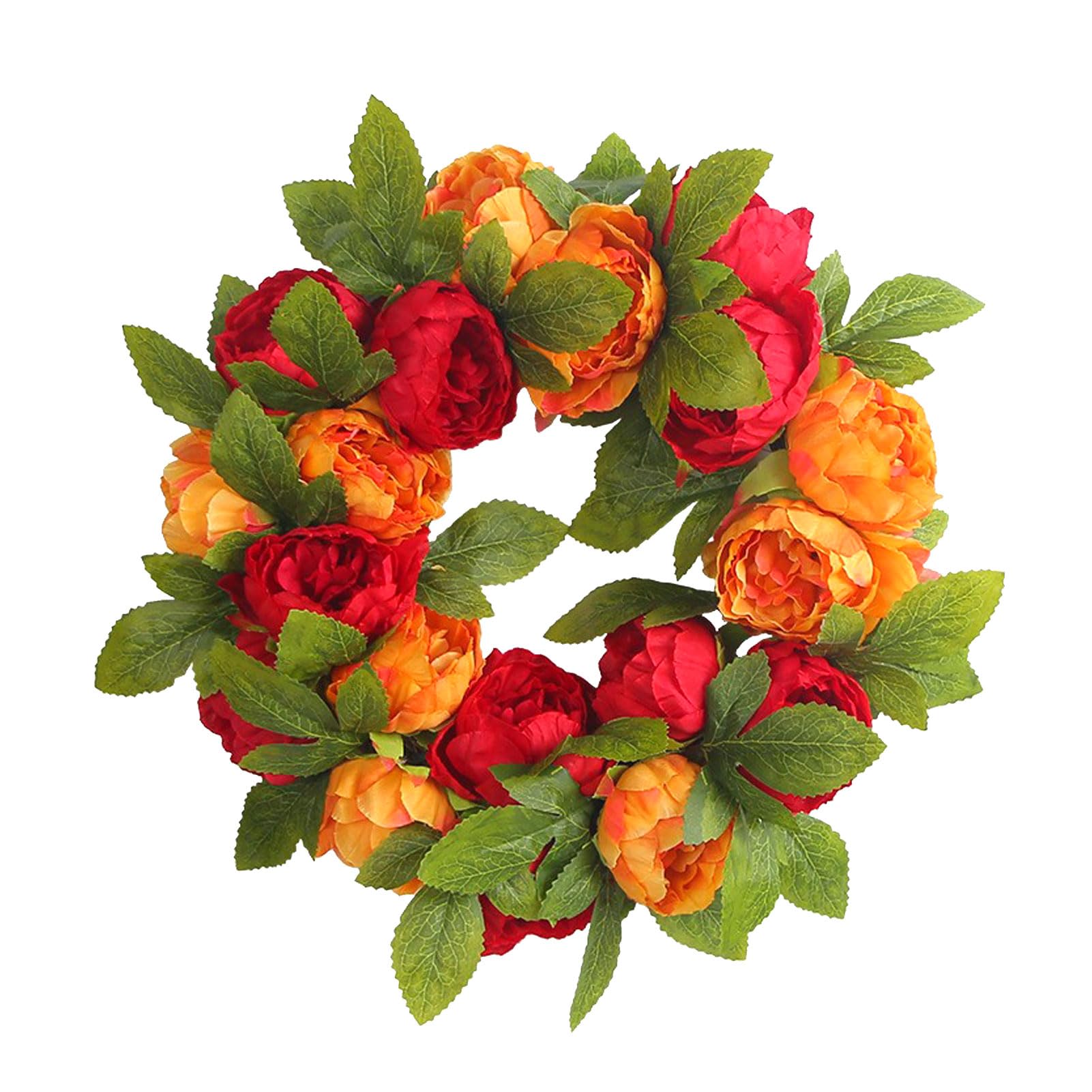 belupai 15.7in Artificial Peony Wreath, Faux Front Door Hanging Rose Wreath with Green Leaves, Orange Red Blooming Silk Peonies Spring Summer Wreath for Outdoor Indoor Wedding Wall Window(Orange+Red)
