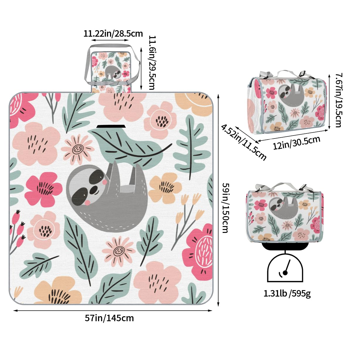 Shimoshe Picnic Blankets 57”x 59”, Leafy Flower Sloth Waterproof Sandproof Picnic Mat Lightweight Foldable Beach Blanket for Camping Park Grass Beach Outdoor Blanket