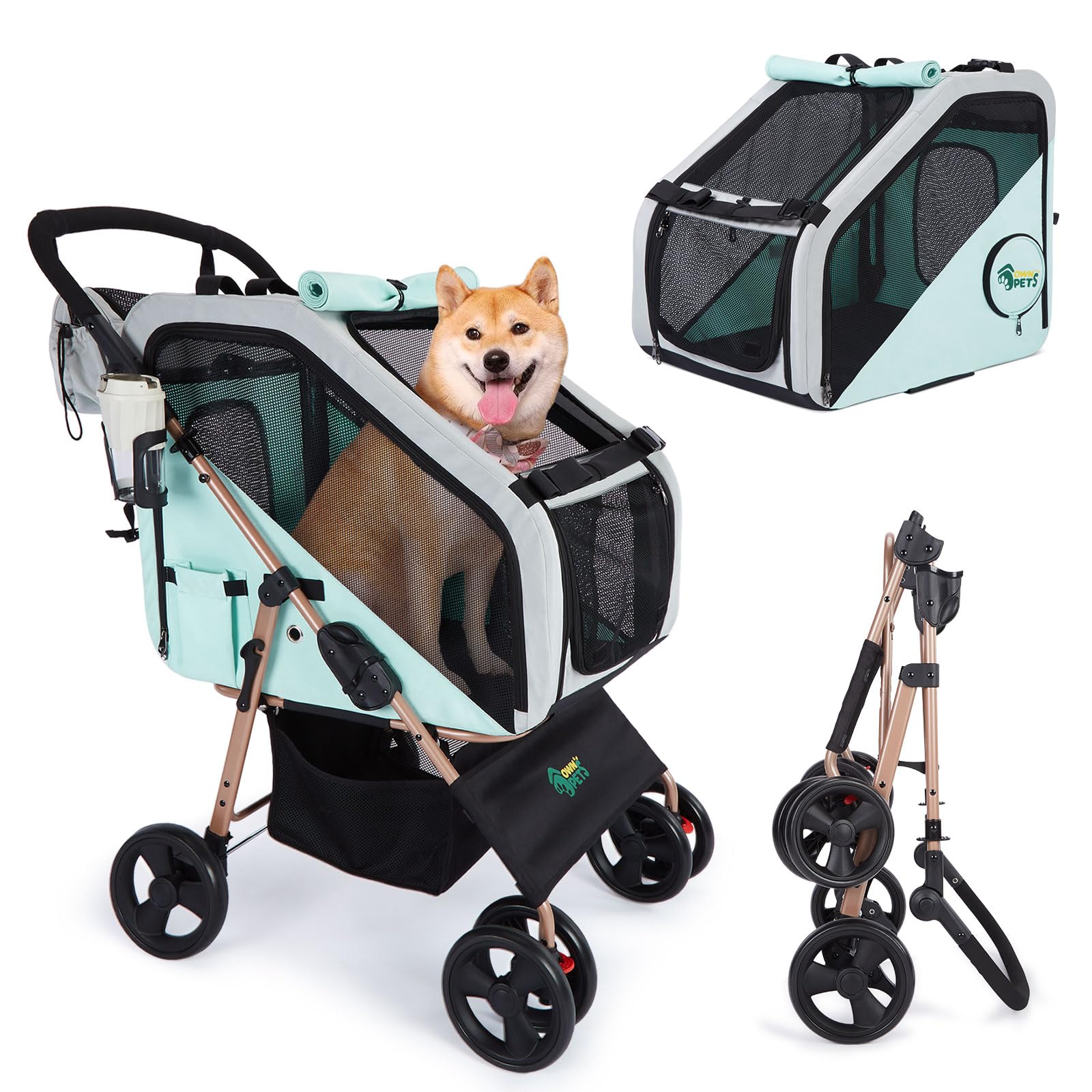 Ownpets Hundebuggy für mittelgroße Hunde Blau, 3-in-1 Hundewagen für mittelgroße Hunde bis 30kg, Sekundenfaltung & 360° Drehräder, verstellbarer Griff, Stoßdämpfung & abnehmbare Autotransportbox