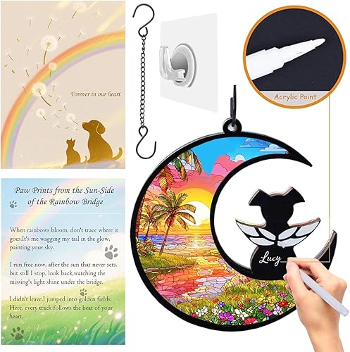 Dog Angel Memorial Suncatcher with Rainbow Bridge Poem Card, Pet Sympathy Gifts for Loss of Dogs and Cats, Life Tree(9-seaside Sunset)