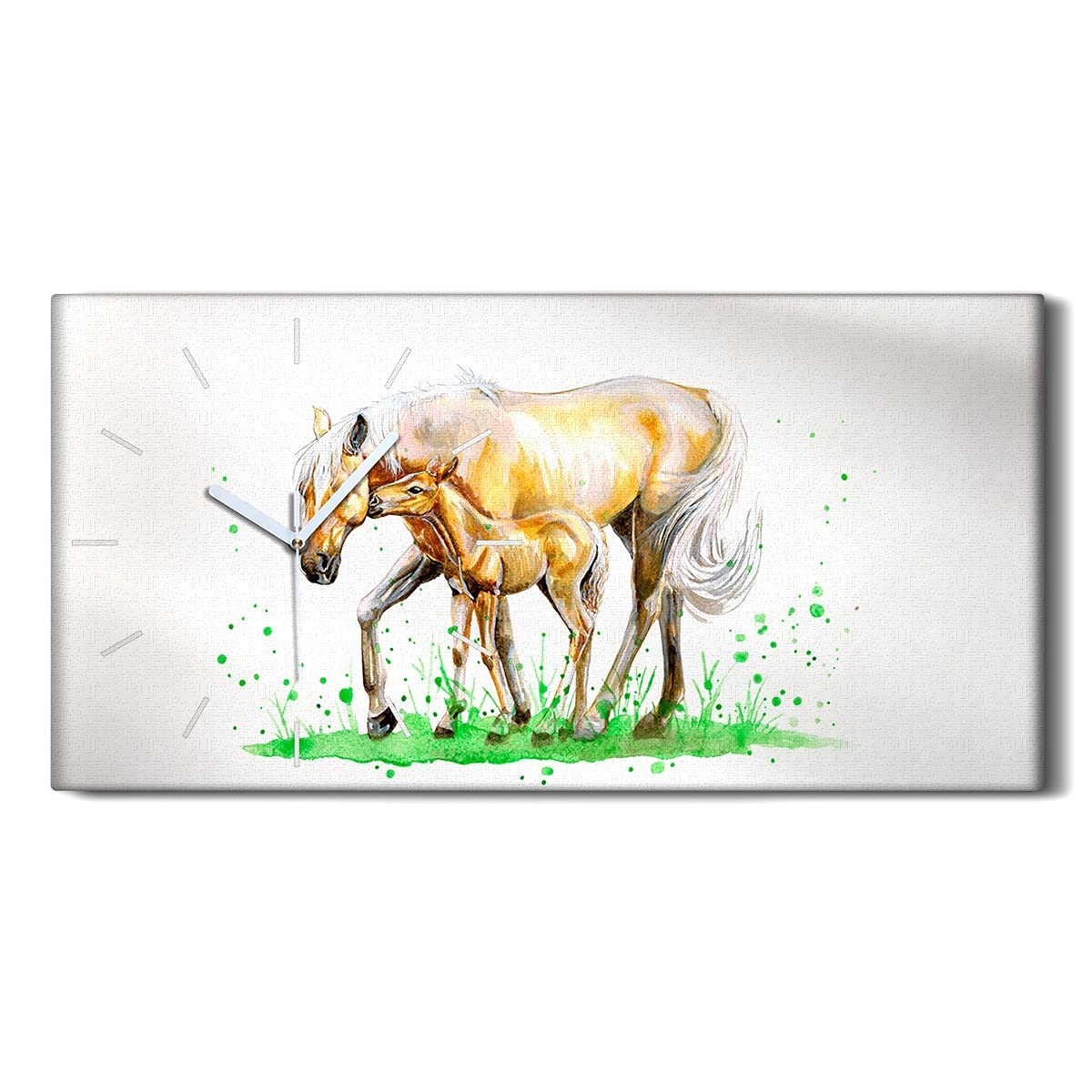 Horloge sur Toile Cheval Aquarelle 60x30cm Décoration Silencieuse