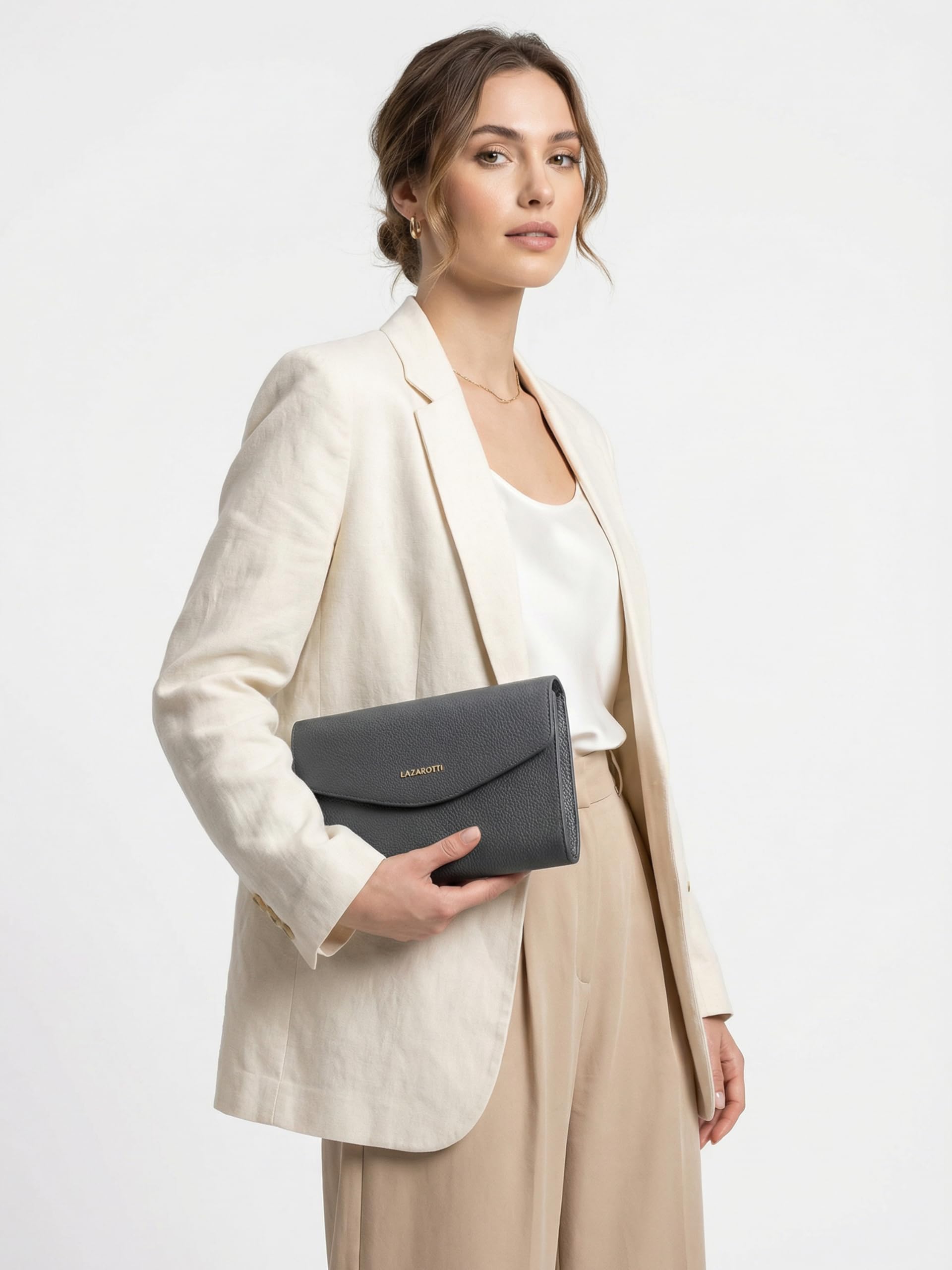 Lazarotti Bologna Leder Clutch | 23 cm mittelgroße Damen Umhängetasche | Hand-Tasche mit abnehmbarem & verstellbarem Schulterriemen