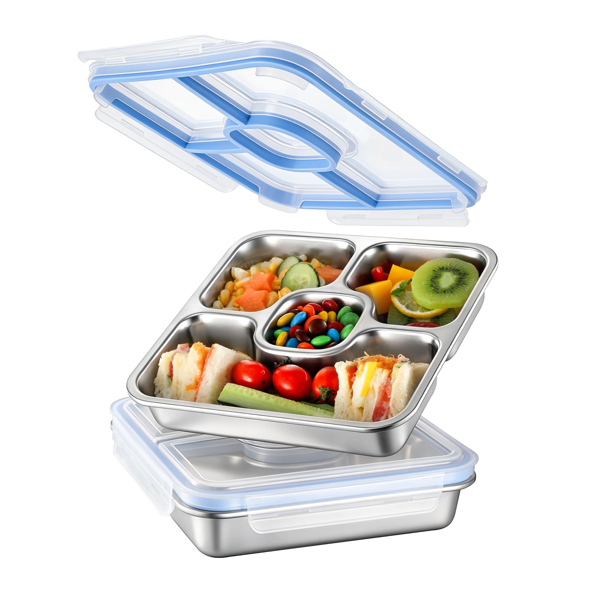 Misichao Stainless Steel Snack Box with 4 Compartments - 800ml (Blue x 2)