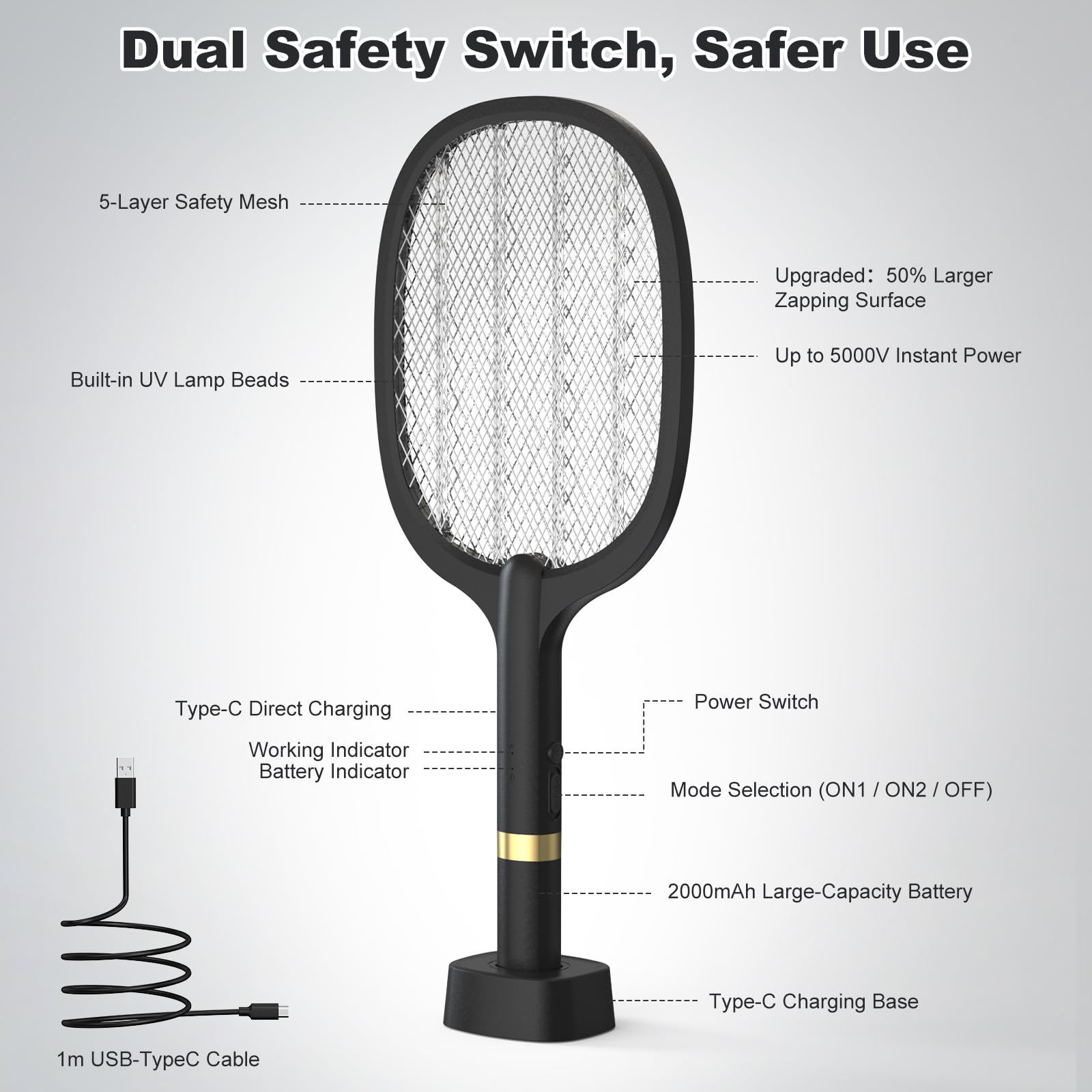 Matamoscas eléctrico, extrafuerte, atrapamoscas eléctrico con base de carga USB C, 2 en 1 eléctrico, matamoscas para mosquitos, moscas, abejas, polillas, 2 PS, negro
