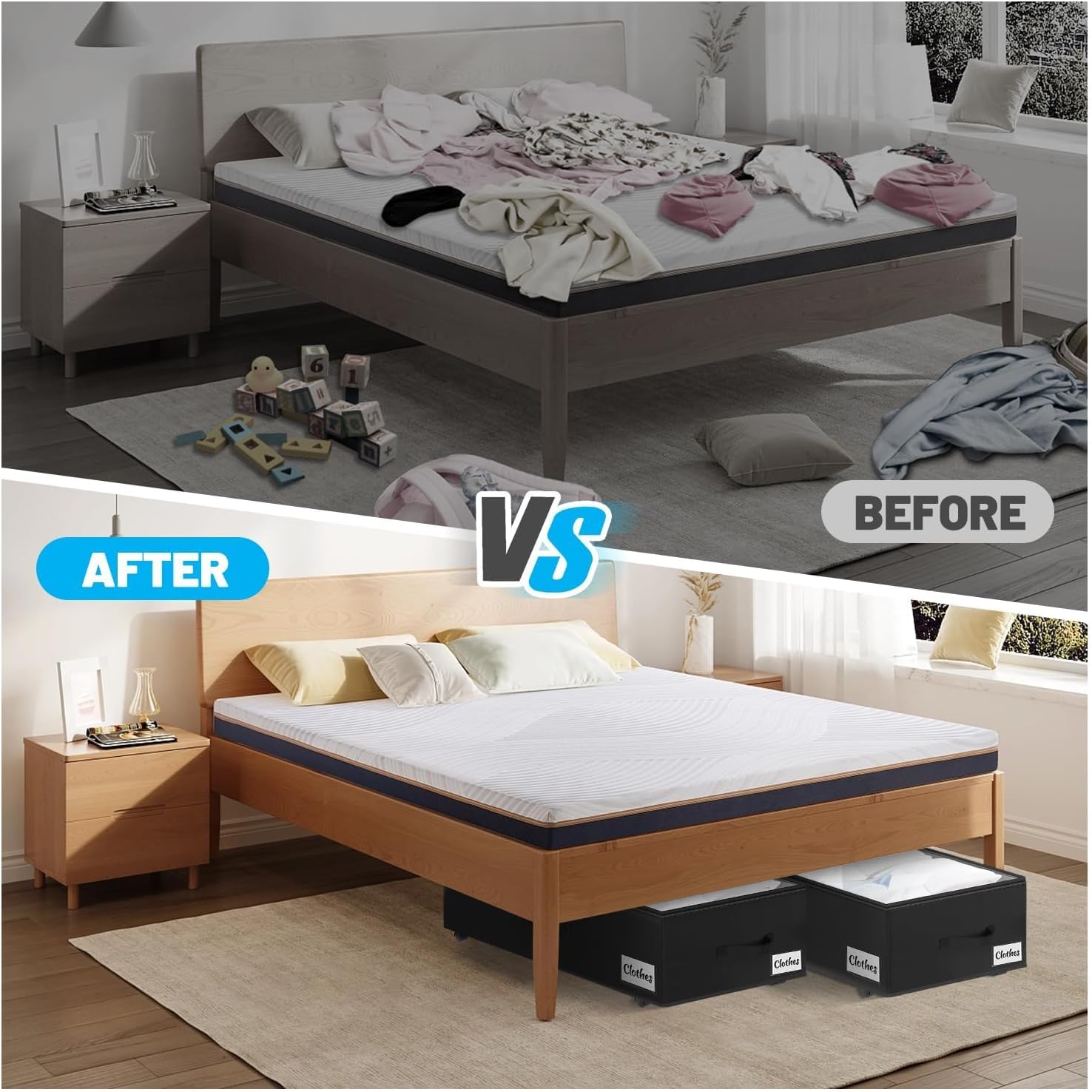 Under Bed Storage with Wheels, 2-Pack 10" Height XXL 60L Rolling Storage Bins, Quick Assembly Underbed Shoe Storage Containers with Clear Lid & Label, Dorm Under bed Drawers for Clothes, Shoes, Black