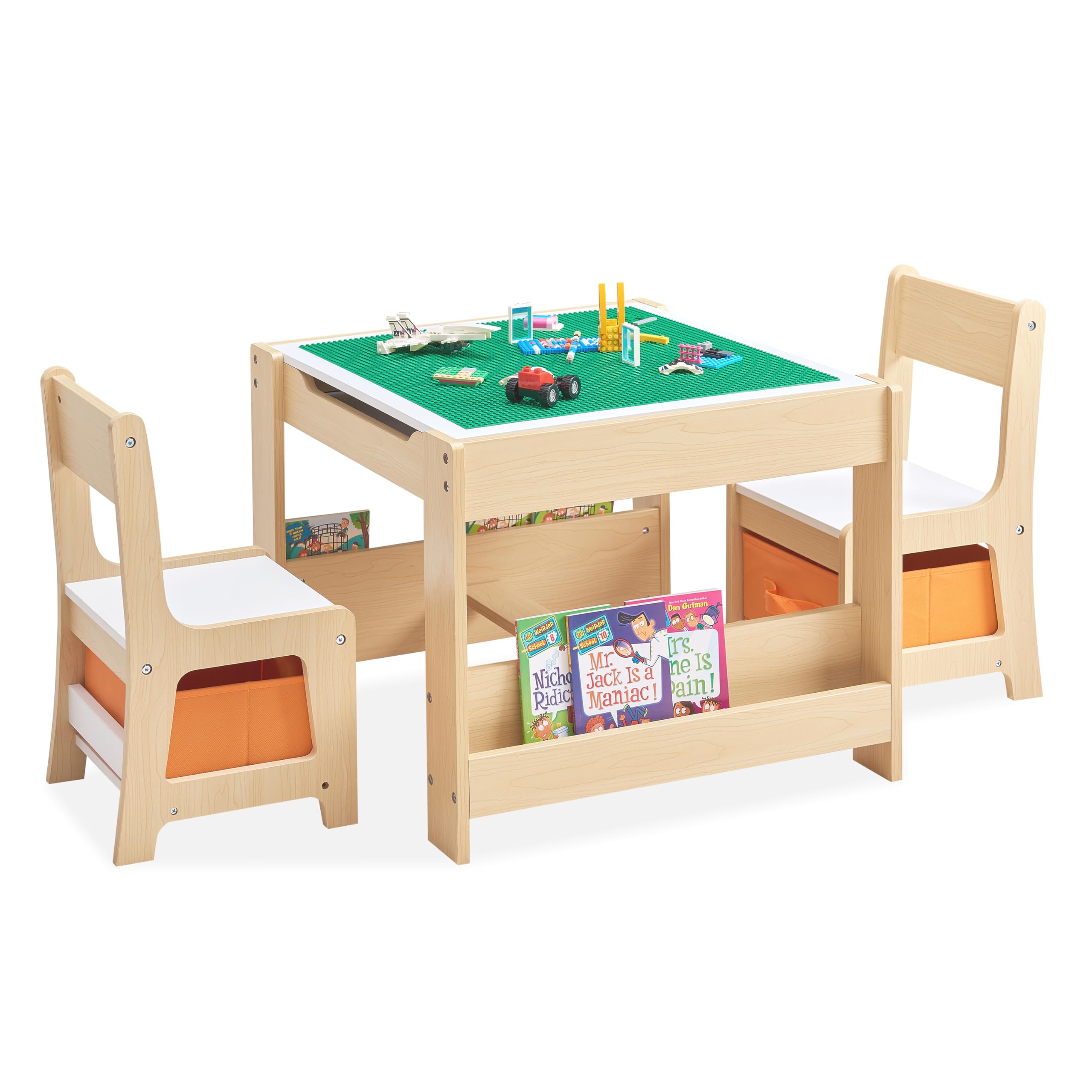 GABHX Kids Table and Chair Set, 4 in 1 Wooden Activity Table with Bookshelves and Storage Drawer, 2 in 1 Detachable Tabletop Construction Play Table Set for Drawing, Reading, Build Blocks