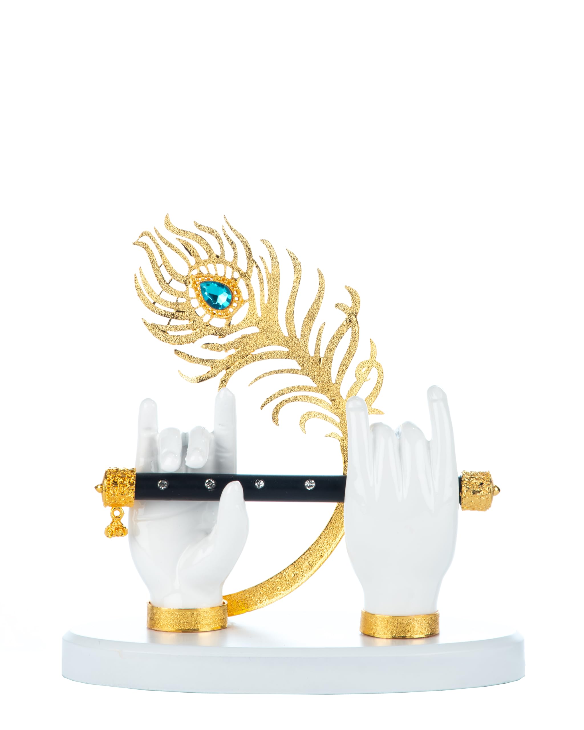 Gold Plated Lord Krishna Hands Idol with Flute and Peacock Feather 7 Inches | Gift for House Warming Ceremony | Statue for Home Décor & Office Table (White) - Pack of 1
