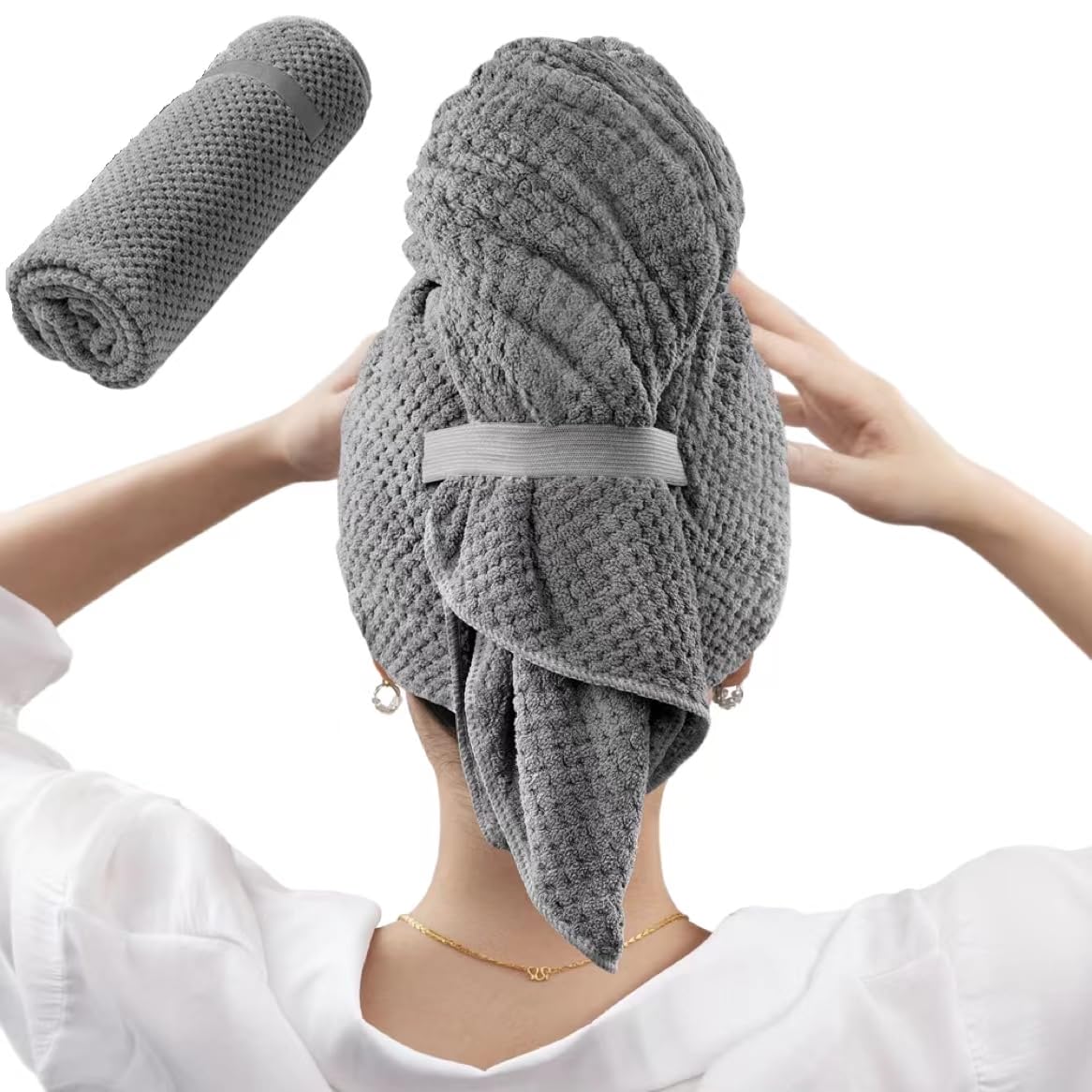 BananaHome Microfiber Hair Towel Wrap for Women, Anti Frizz Hair Drying Towel with Elastic Strap,Soft Fast Absorbent Drying Hair Turbans for Drying Curly Long Thick Hair (Gray, 42"x24" /60x105cm)