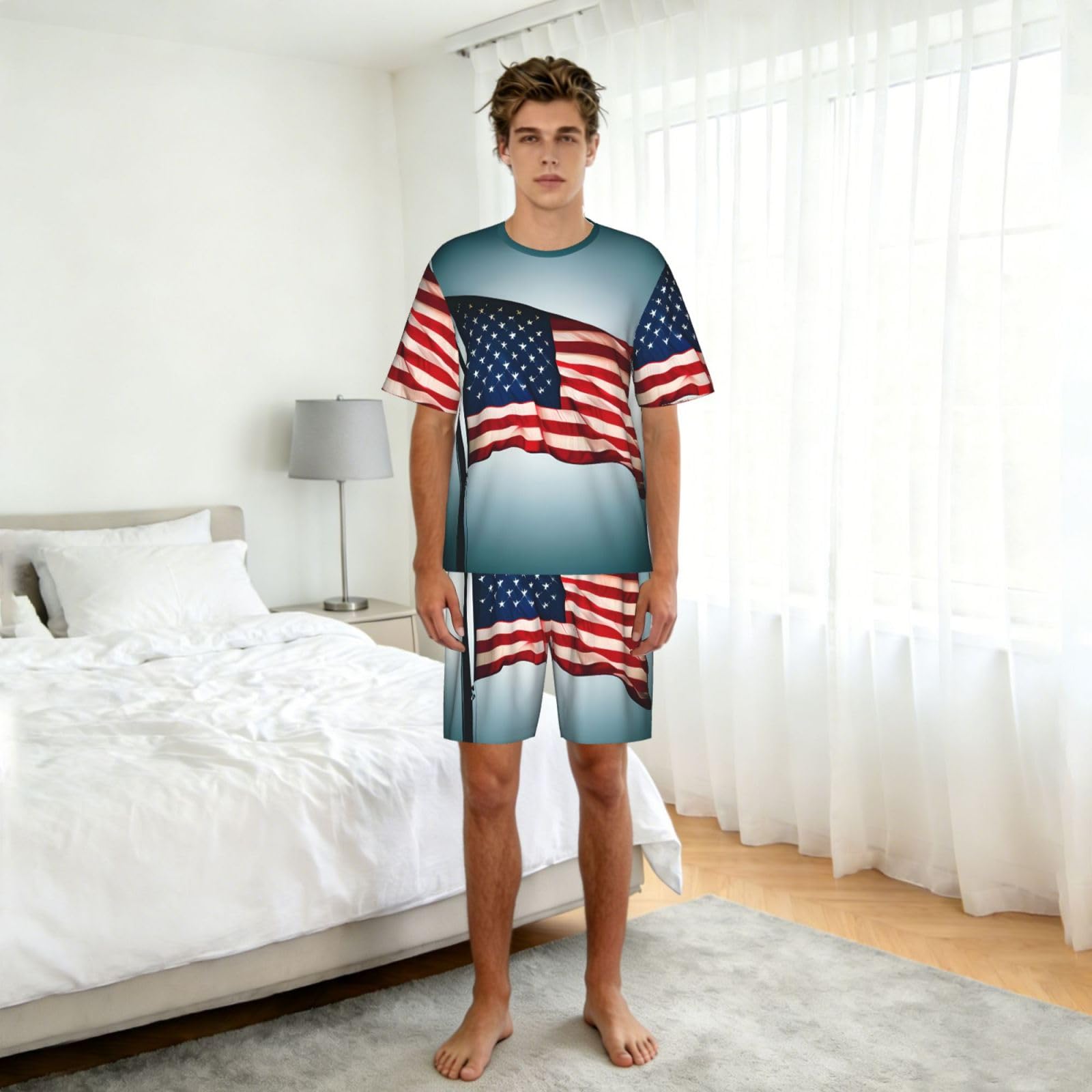 Conjunto de pijama clásico para hombre, estampado de bandera estadounidense, pantalones cortos de pijama suaves para hombre, perfecto para noches de verano