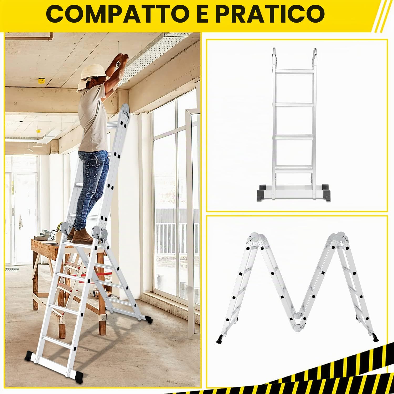 Randaco Scala multiuso 7 in 1, 470 cm, 4 x 4, in alluminio, pieghevole, con 2 piattaforme e ruote, 16 pioli, carico massimo 150 kg, scala snodabile