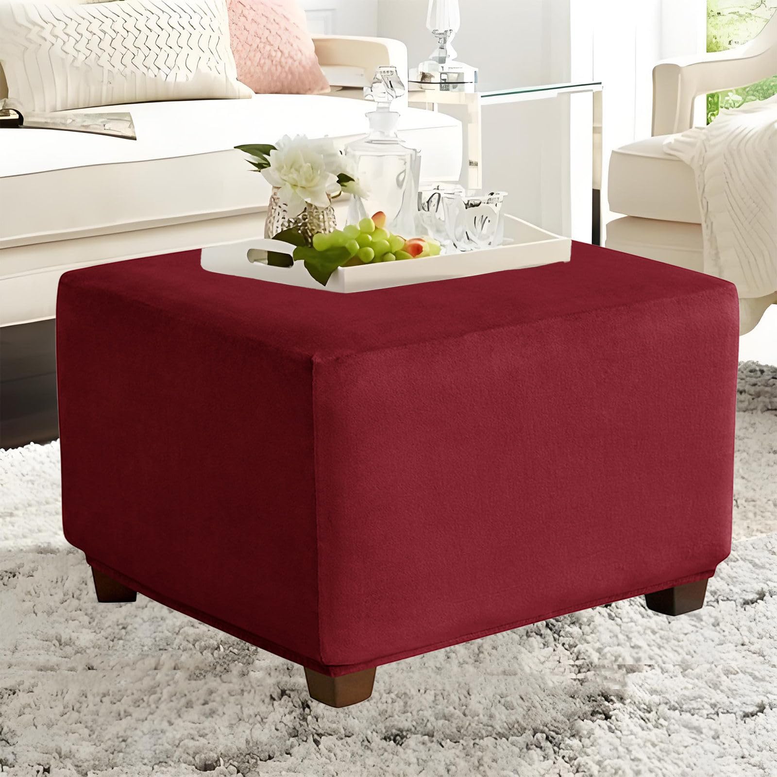 CLGTY Velvet Ottoman Cover Square, Stretch Footrest Stool Covers Soft Storage Ottoman Bench Slipcovers with Elastic Bottom Furniture Protector for Rectangle and Square Footrest-wine red-Small