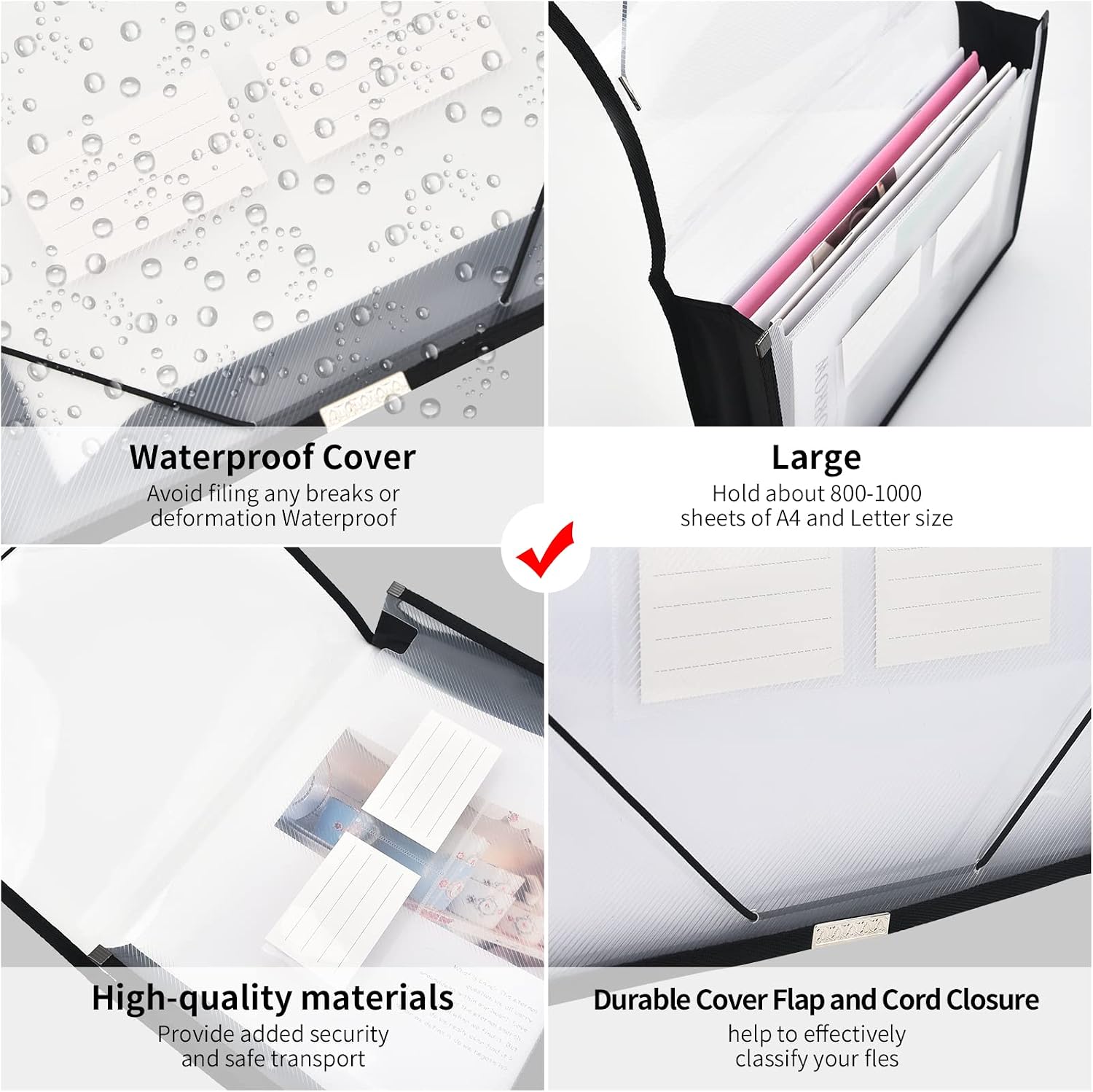 Expanding File Folder Document Organizer r with Flap and Cord Closure, Waterproof Transparent Document Bag, 2.8" Expansion, Letter A4 Expandable File Folder for Home School Office Organization，5 Pack image 3