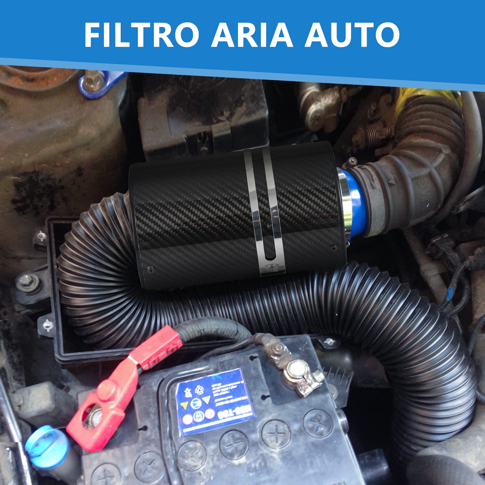 CarBole Filtro Aria Sportivo 76mm Raffreddamento Aria Kit, con Tubo Nero | Filtro Ingresso Aria per Auto, Sistema di Ingresso Aria Universale in Fibra di Carbonio
