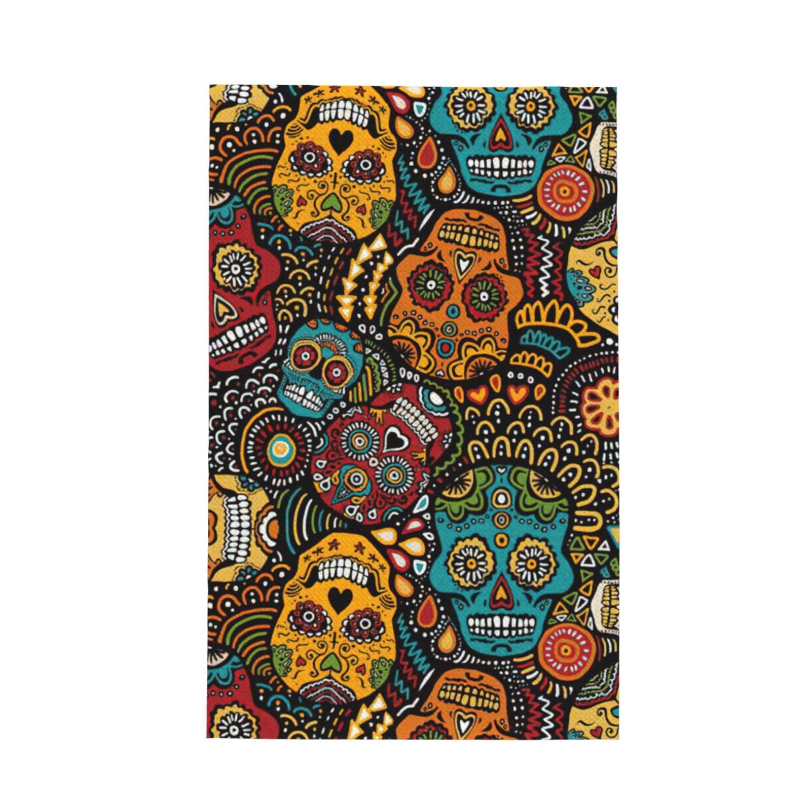 CKGODGF Sugar And Skulls Style Print Absorbent Waffle Dishcloths,Kitchen Towels With Hanging Loops,Tea Towels.