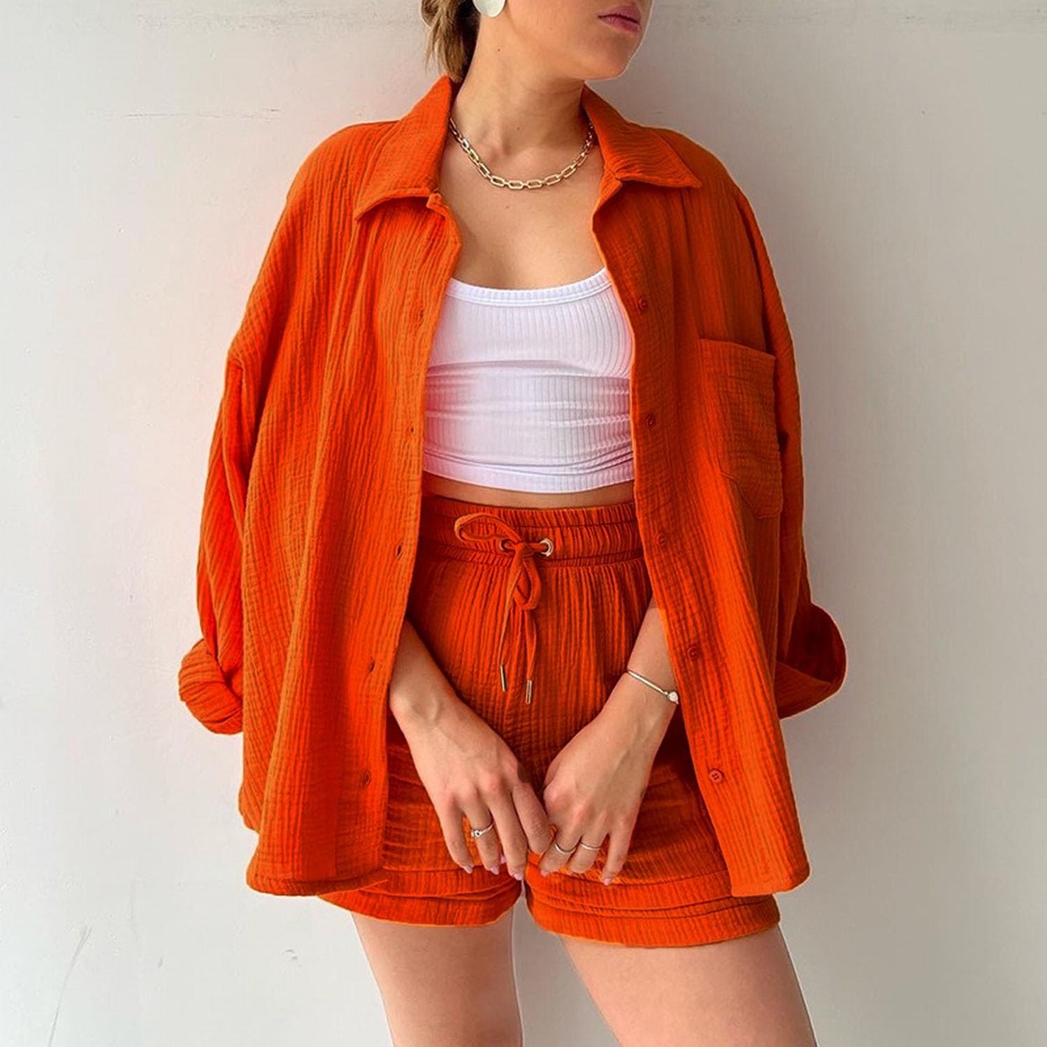 Damen Zweiteiler Sommer Musselin Bluse Hemd und Hosen Shorts Loungewear Damen Set Travel Outfit Elegant