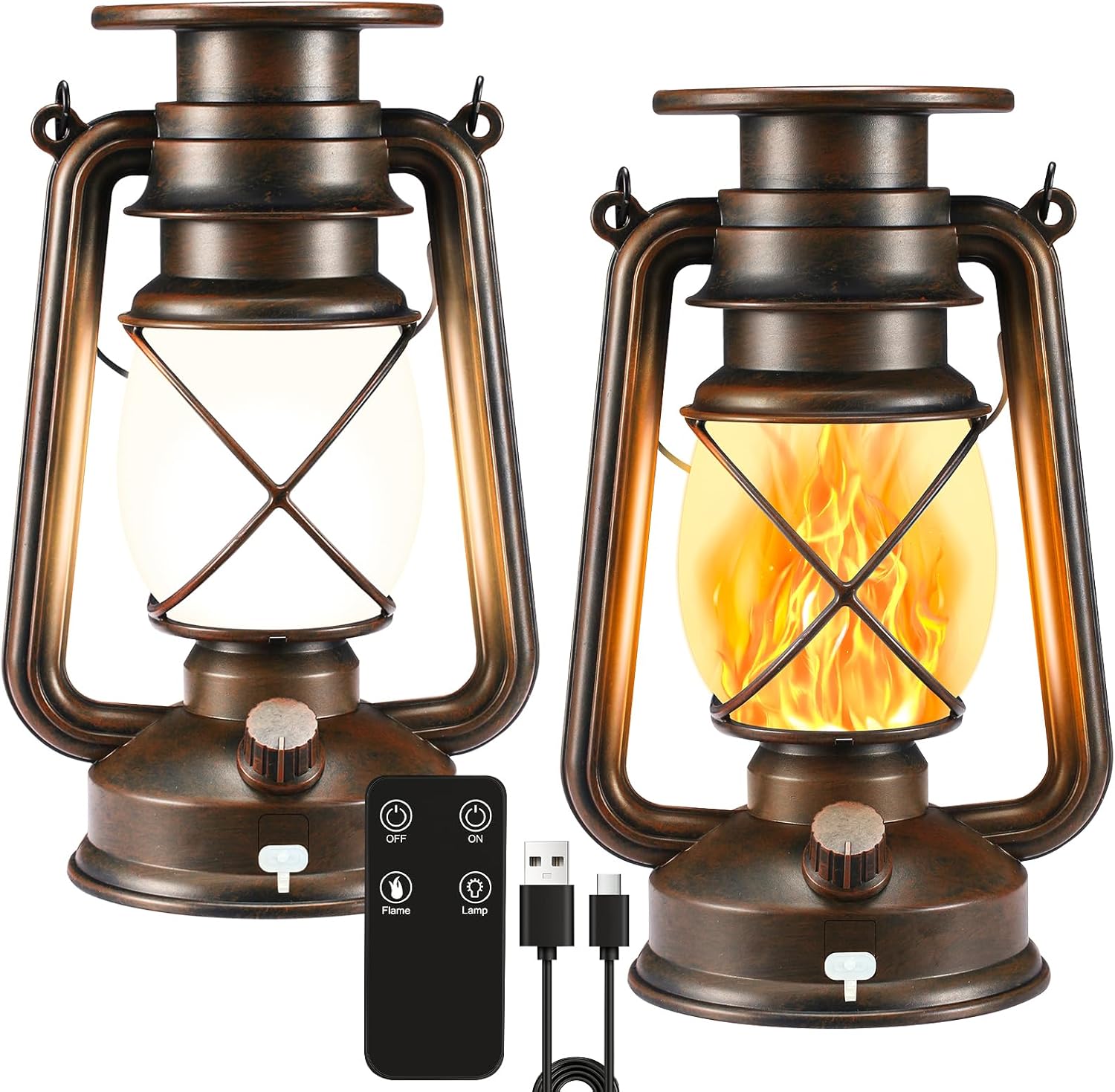 Solar Lantern Outdoor, Hanging Solar Lights Flickering Flame LED Vintage Lantern, Waterproof Camping Lamps, Auto On/Off Landscape Decor for Patio Garden Yard Pathway Porch, Rechargeable Lantern 2 Pack Modern- Solar & USB