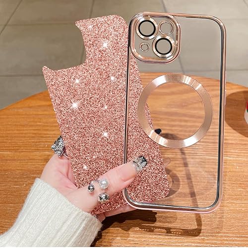 Miniatura 3 de Funda magnética con purpurina para iPhone 15 Plus de 6.7 pulgadas, compatible con MagSafe, funda transparente chapada de lujo, protector completo de