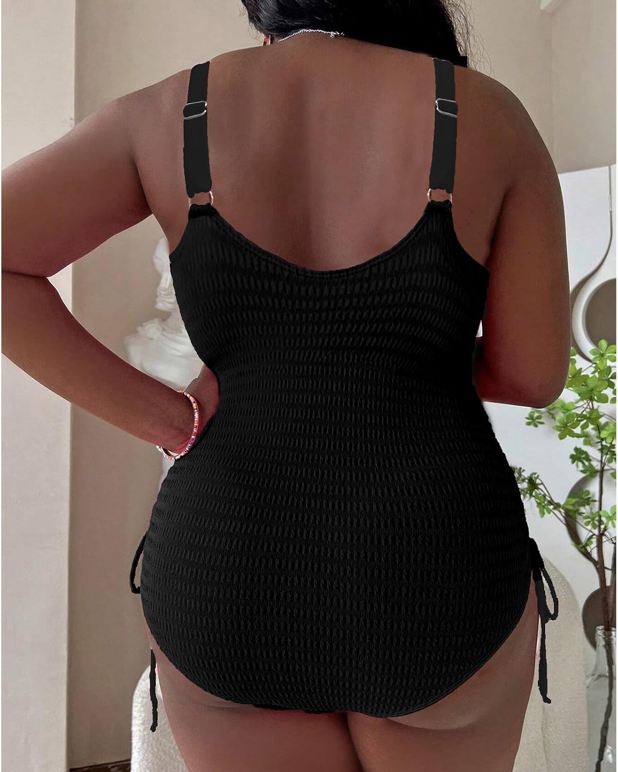 Sexybody Women' s Plus Size Bikini High Waisted One Piece Swimsuits Ribbed Tummy Control Cutout Bathing Suits Ruched V Neck - Image 3