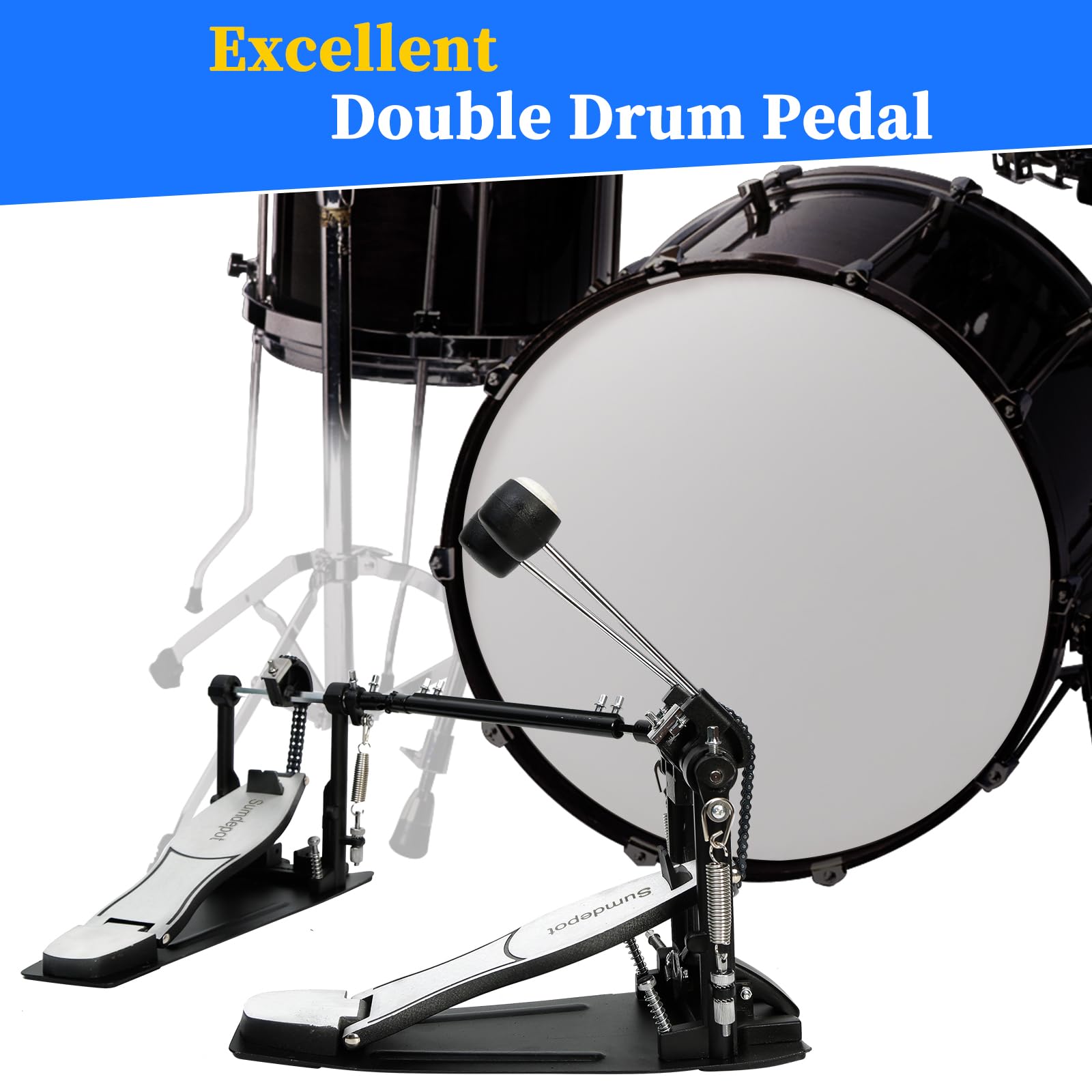 Doppel-Bass-Drum-Pedal, Doppel-Bass-Pedal mit verstellbarem Schlägelkopf, Doppelkettenantrieb, Fußkickpedal mit Schlagzeugschlüssel für Schlagzeug und elektronische Drums (Silber, Doppeltrommelpedal)