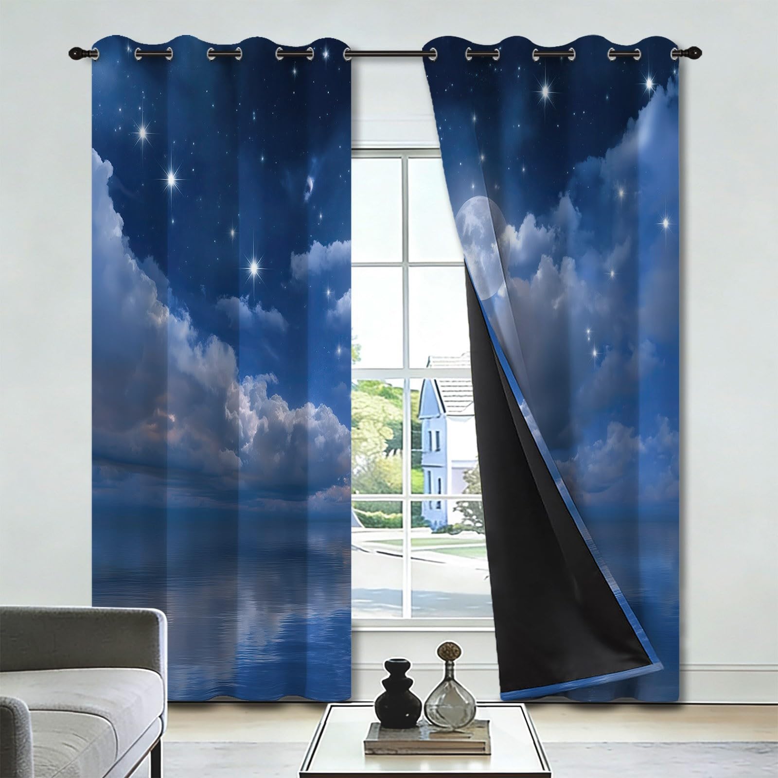 140 l x 175 cm Romantyczna zasłona z oczkami akwarela - gwiaździste niebo księżyc chmury, izolowane termicznie, zasłony zaciemniające z oczkami do salonu, sypialni i pokoju dziecięcego, 2 panele