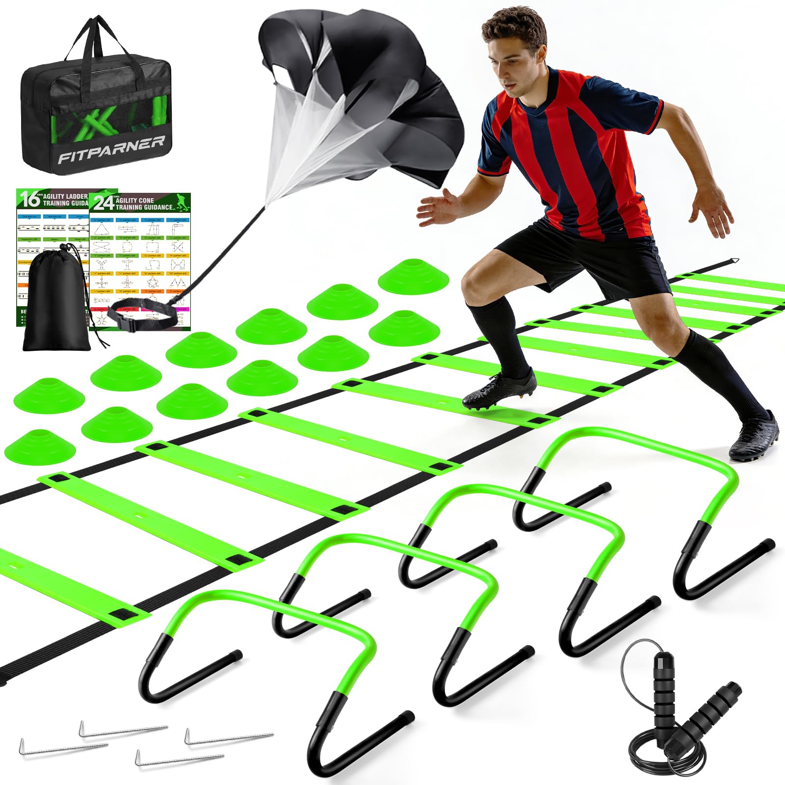 Escalera de agilidad, equipo de entrenamiento de fútbol, escalera de velocidad de 20 pies, 4 obstáculos, paracaídas, 12 conos y cuerda de saltar, entrenamiento de agilidad y velocidad para niños