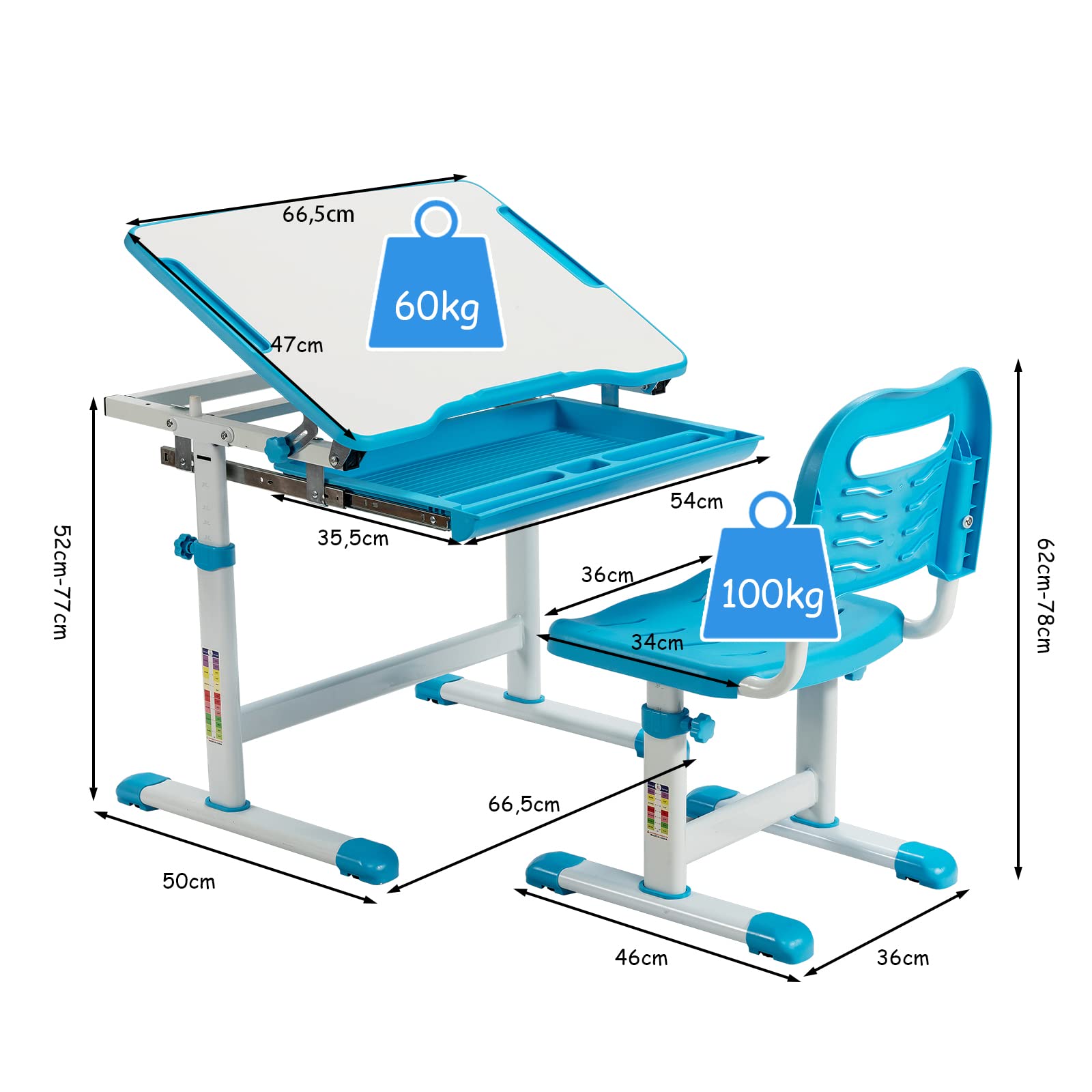 COSTWAY Set Scrivania e Sedia per Bambini, Set Tavolo con Altezza Regolabile per Bambini, Tavolo per Studiare con Superficie Inclinabile (Blu)