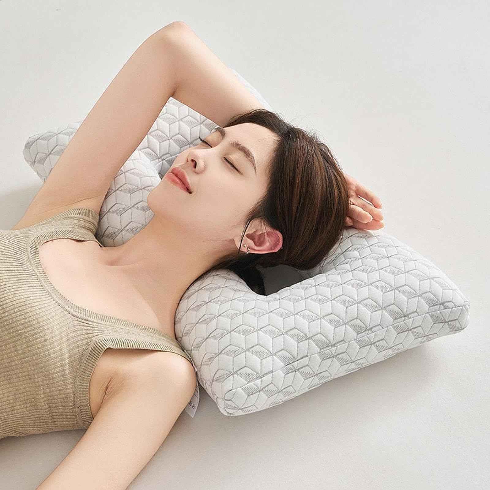 CALANDIS™ Ear Piercing Pillow with Ear Hole for Headphones wearing Earrings Sleep White Gray | Bed Pillows | Bedding 4