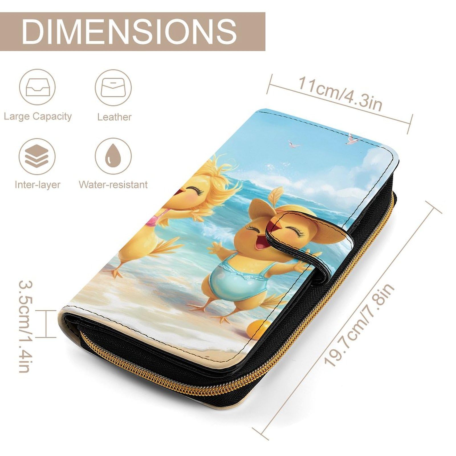 Chicken Beach Funny Animal Long Wallet PU Leather Credit Card Holder Durable Zippered Purse Clutch Wallet