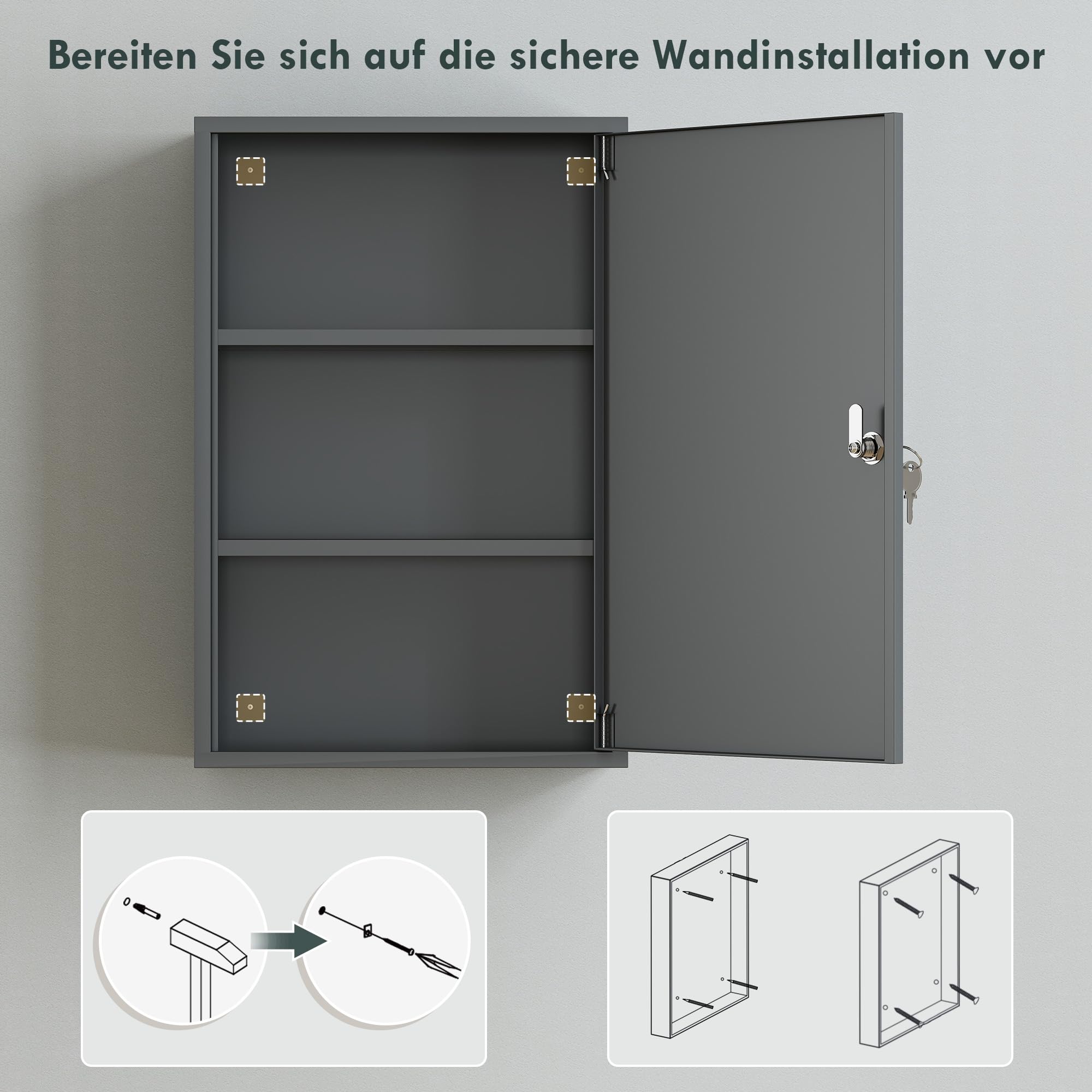 Kleankin Szafka na leki zamykana metalowa z 3 półkami 40x18x60cm Szary