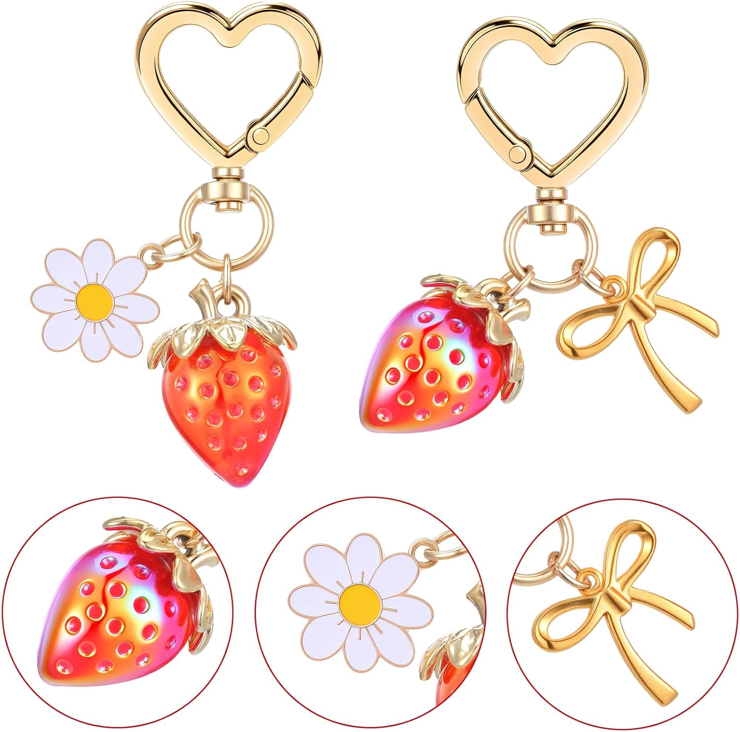 TIESOME 2 Pcs Cute Strawberry Keychain, Bag Purse Charms Heart Flower Daisy Bow Key chains Bag Charm Key Chain for Women (Red) - Image 5