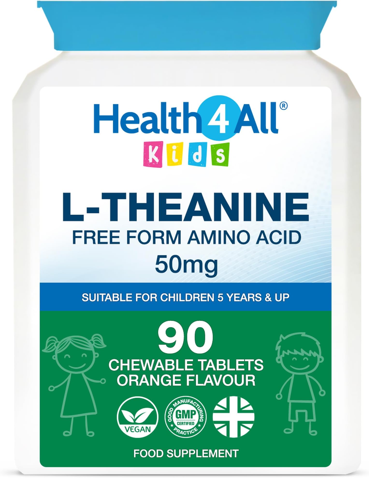 Health4All Kids L-Theanine 50mg 90 Chewable Tablets 3 Months Supply, Supports Focus, Attention & Concentration in Children, Orange Flavour Sugar-Free L-Theanine Supplement | Made in UK (not Gummies)