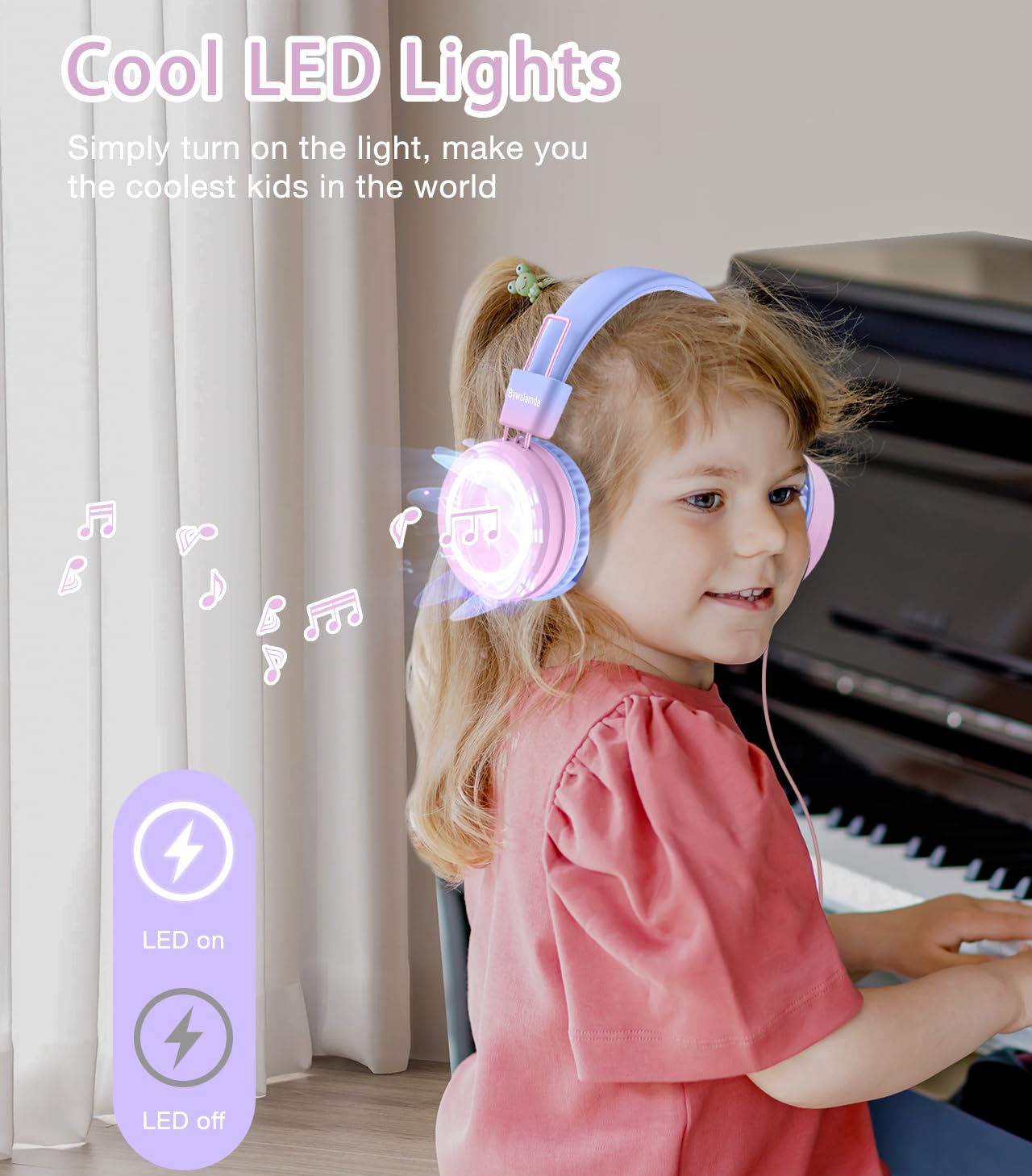 Bywulanda Casque pour enfants avec lumières LED pour l'école, USB de type C avec microphone, limiteur de volume 85/94 dB, casque filaire pour garçons/filles/tablette/voyage – Violet dégradé
